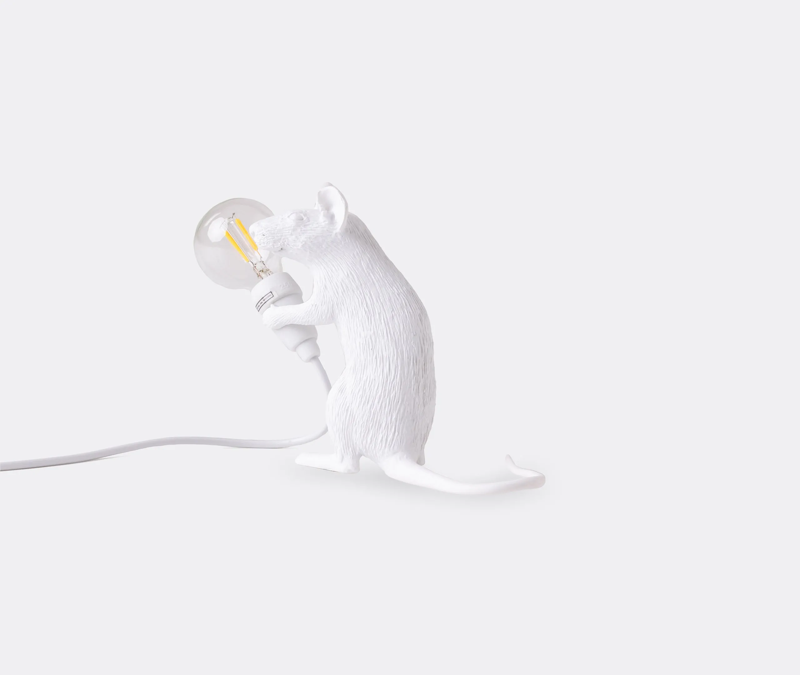 Mouse Sitting Table Lamp with USB Plug - White, Resin