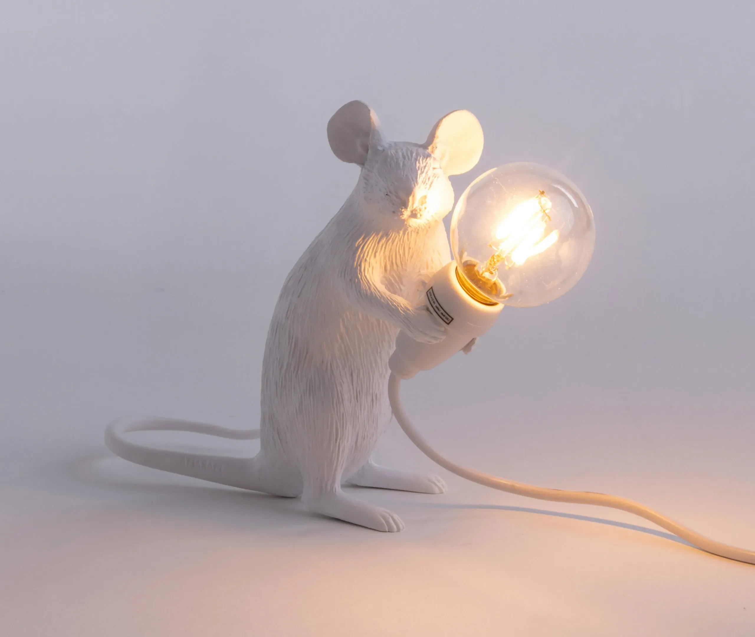 Mouse Sitting Table Lamp with USB Plug - White, Resin