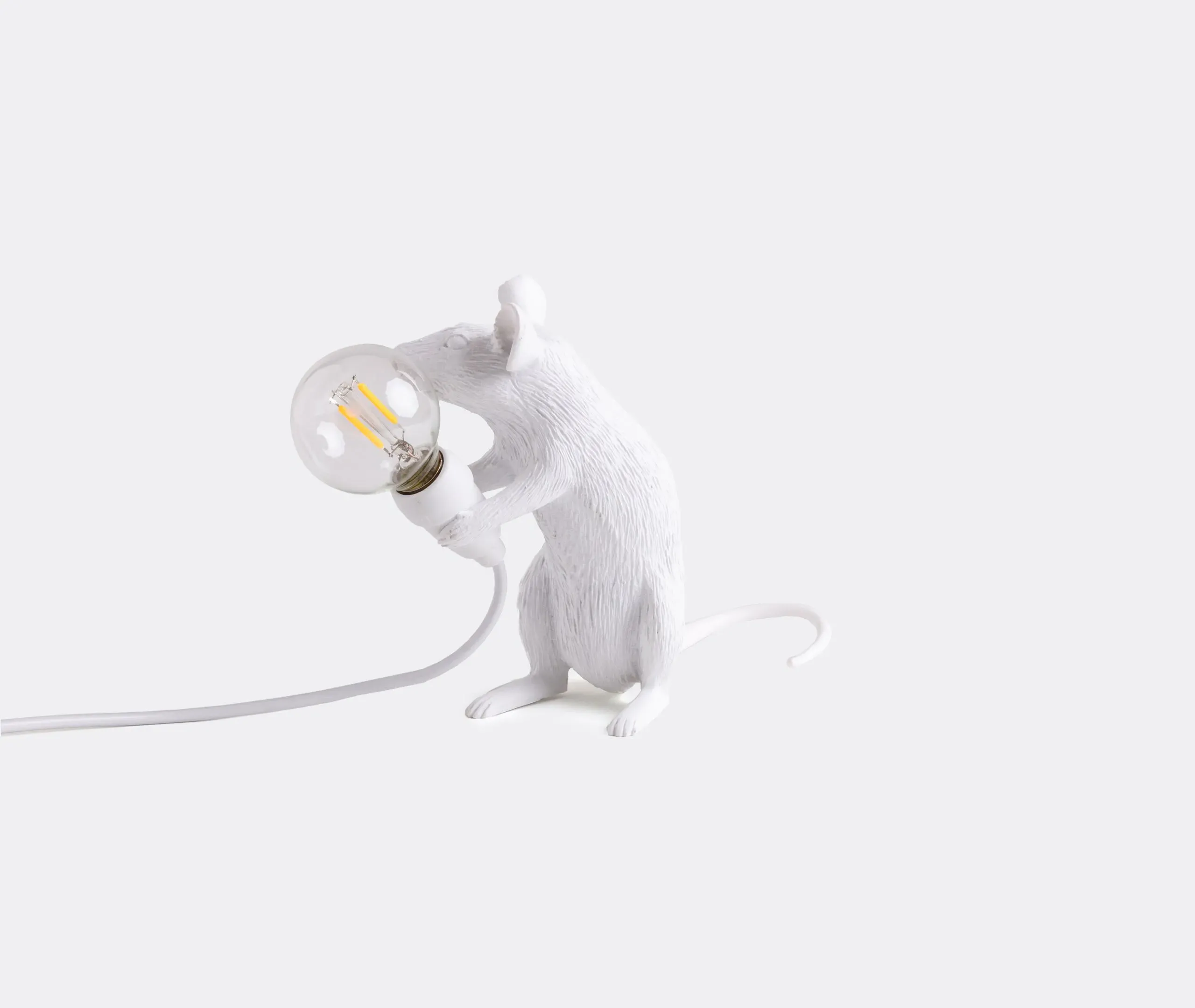 Mouse Sitting Table Lamp with USB Plug - White, Resin image