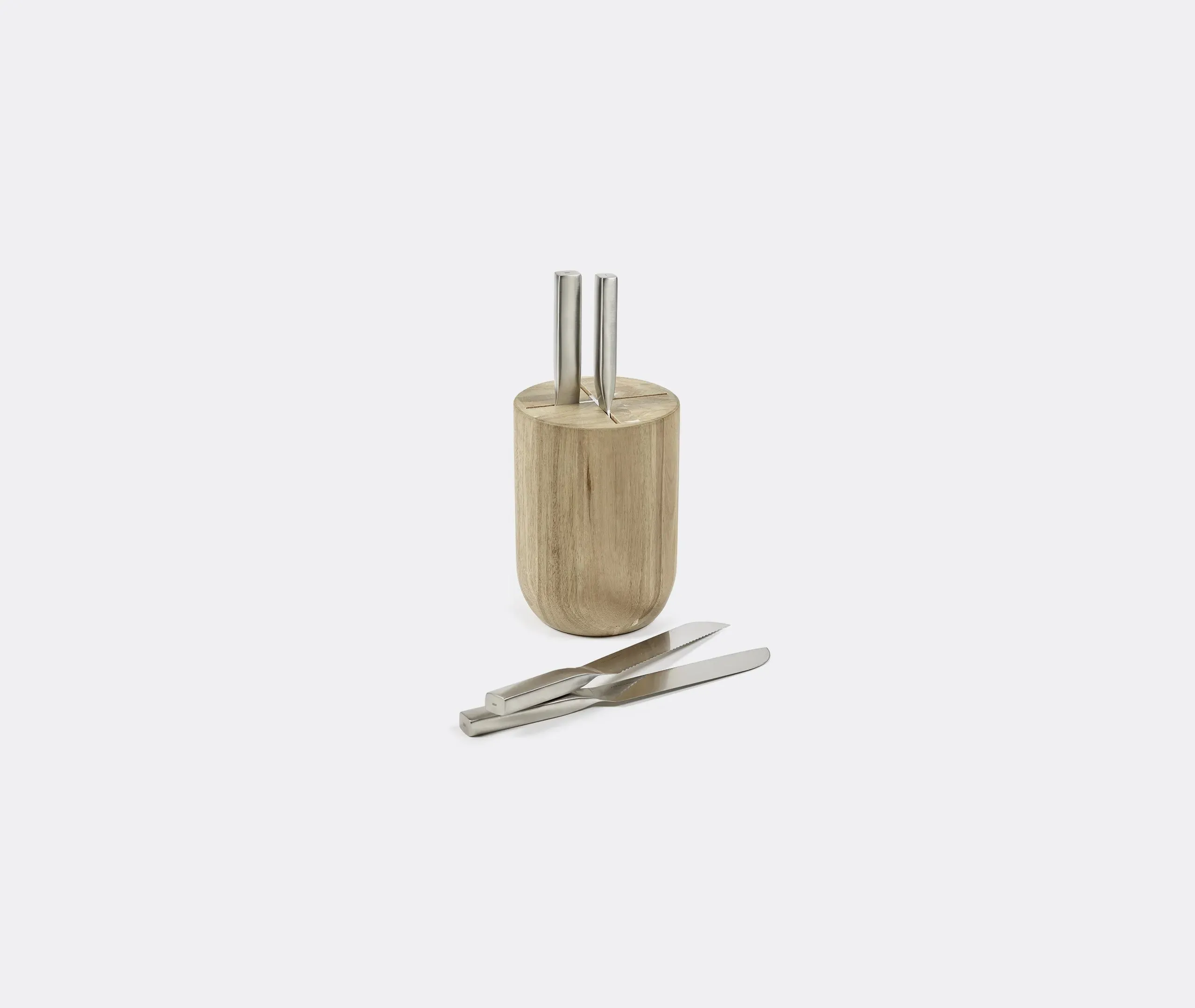4-Piece Knife Set with Stand - Beige, Acacia Wood