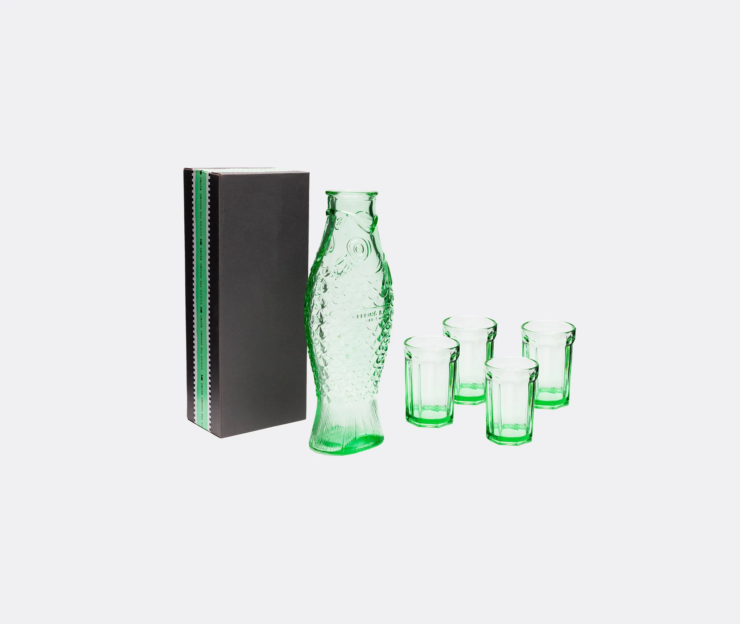 Fish And Fish Carafe And Set Of Four Glasses - Green