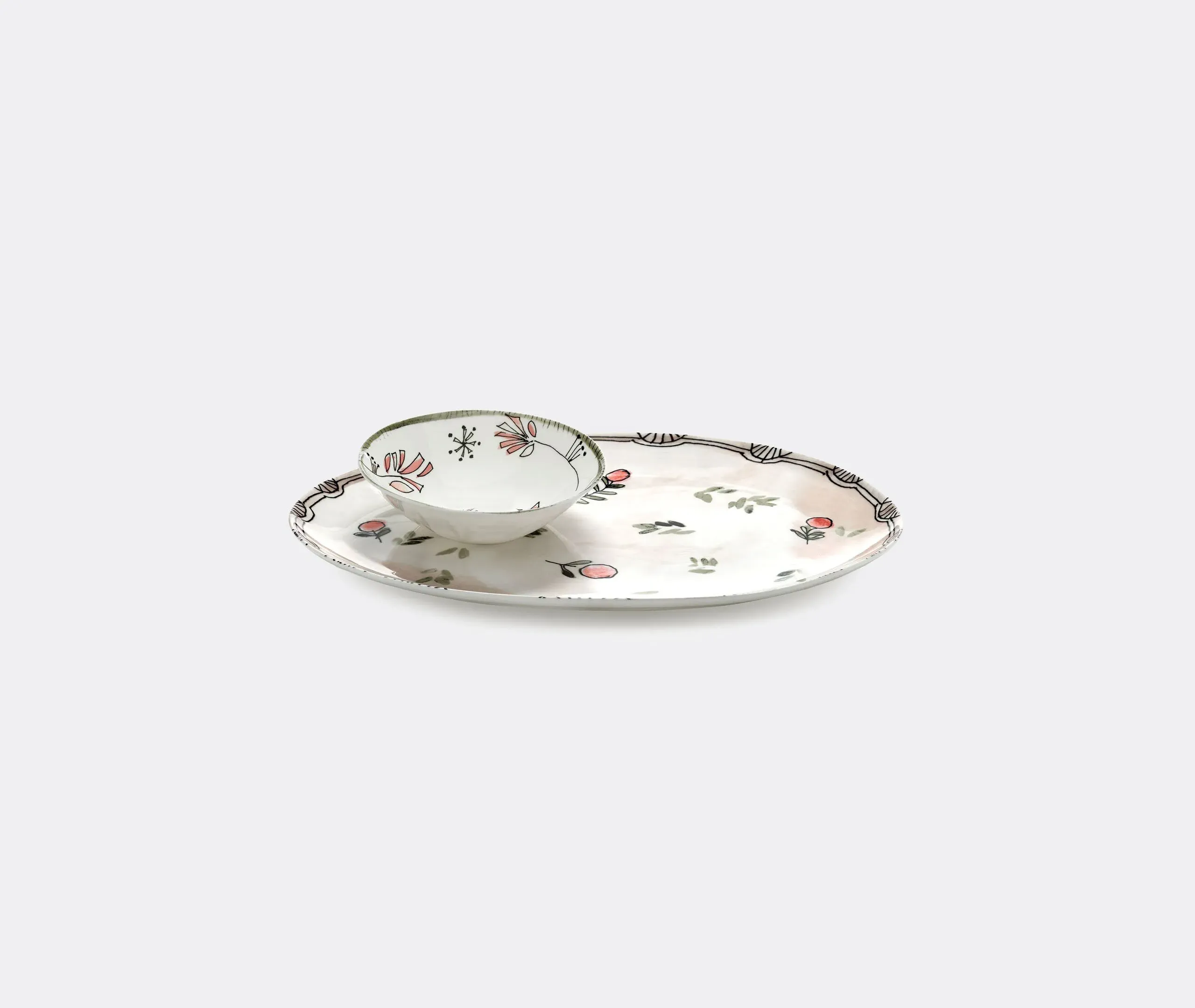 Oval Plate with Floral Motif - Multicolor, Porcelain