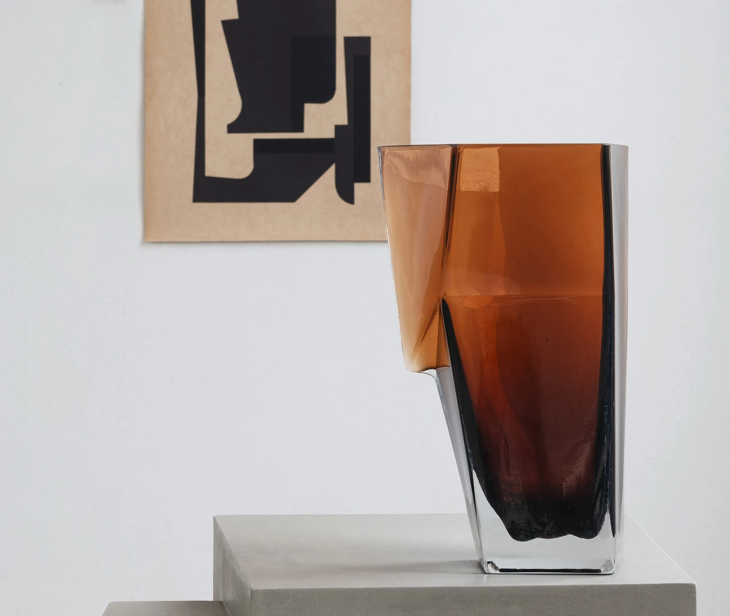 Sculptural Vase with Angular Design - Brown, Glass