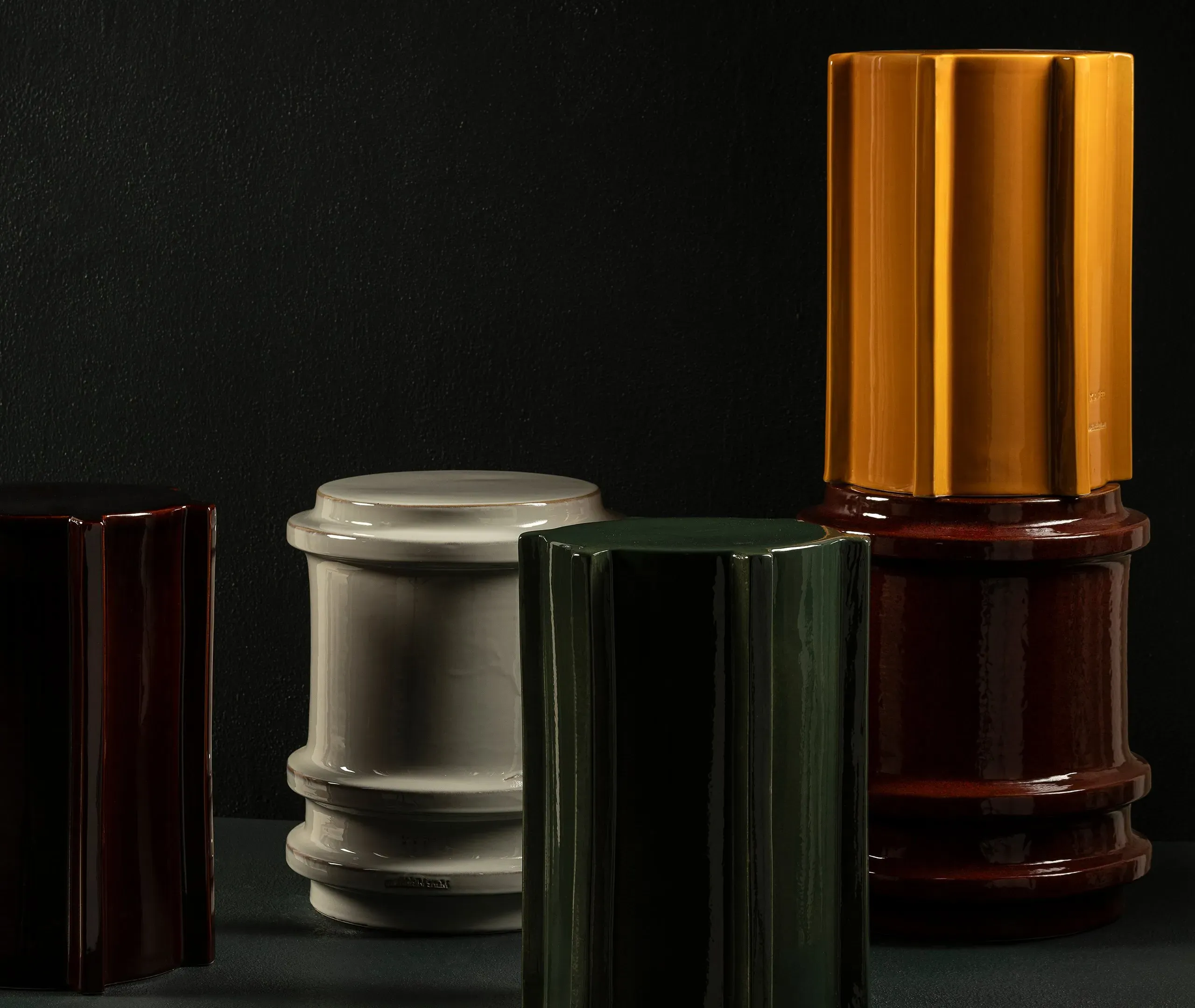 Side Table with Ribbed Design - Ocher, Stone