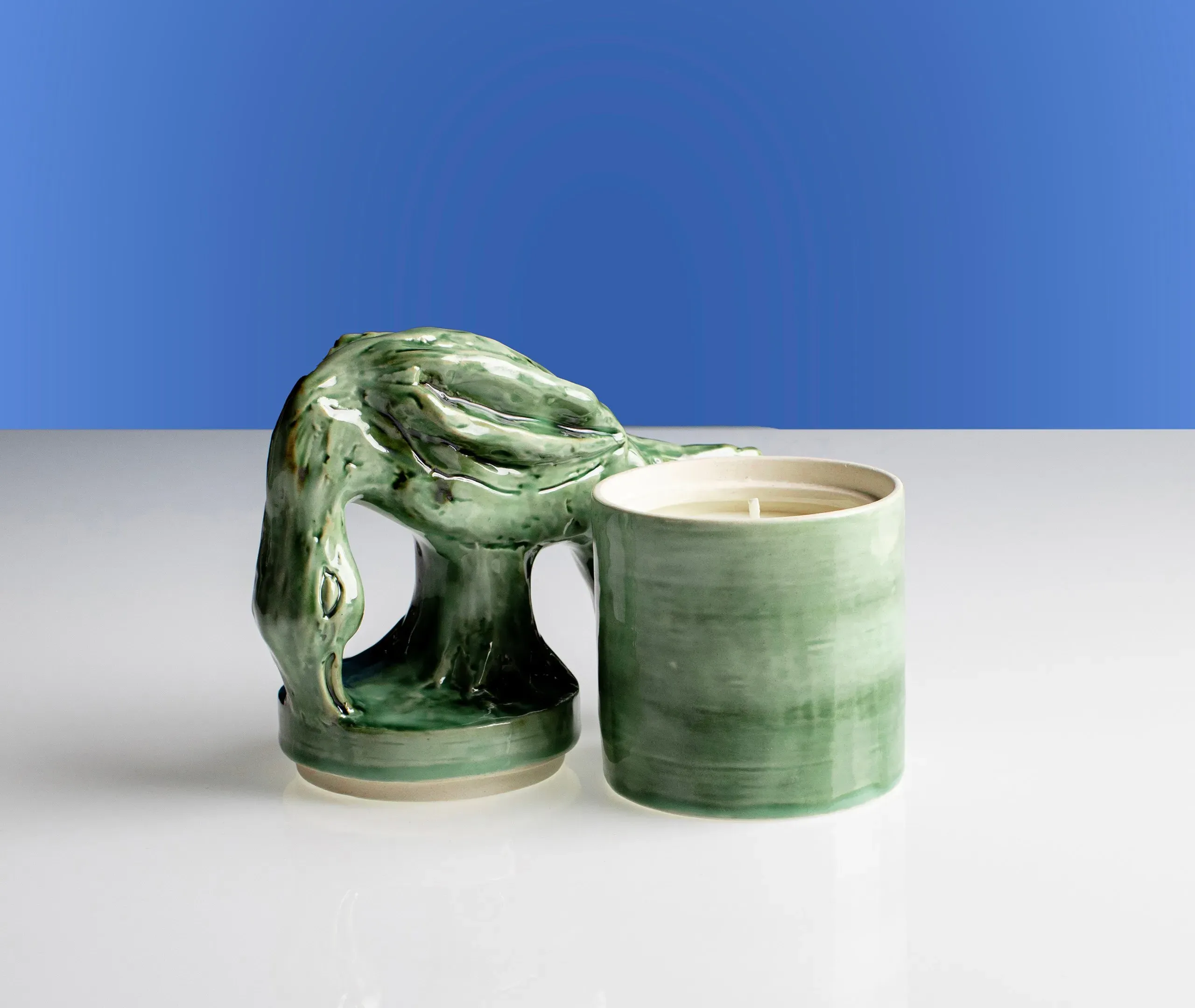 Small Scented Candle with Bird Lid - Green Ceramic