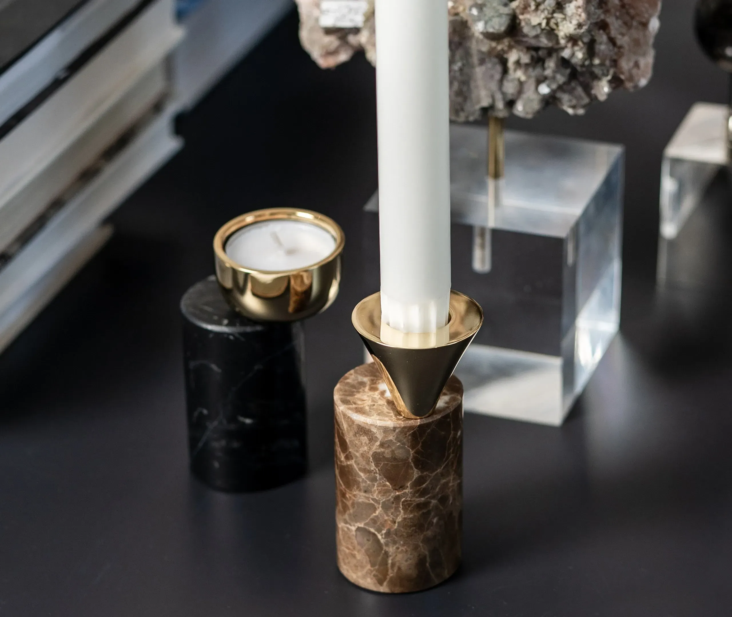 Geometric Candle Holder Model B - Brown, Marble