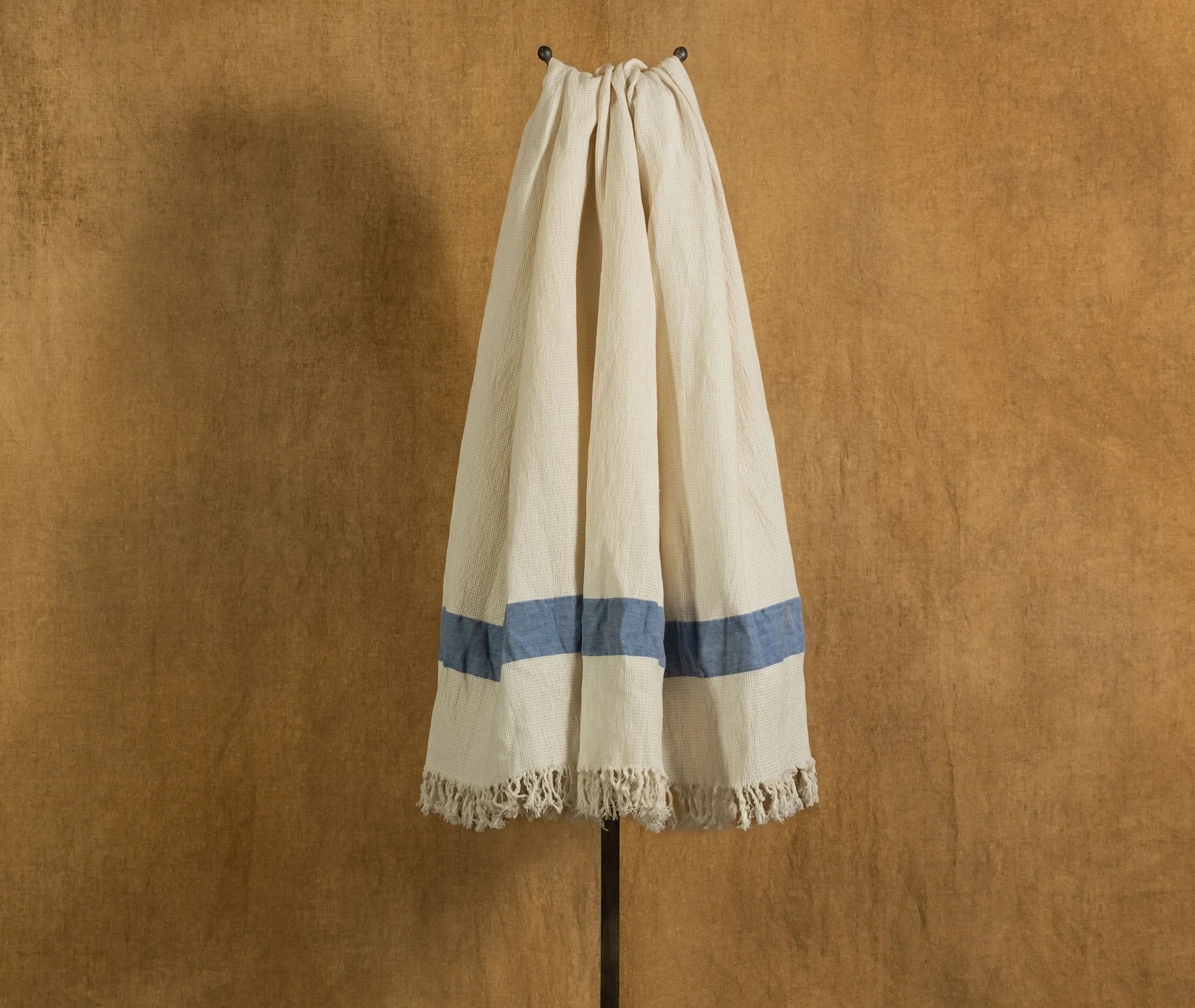 Bath Towel with Blue Stripe - White, Linen Cotton