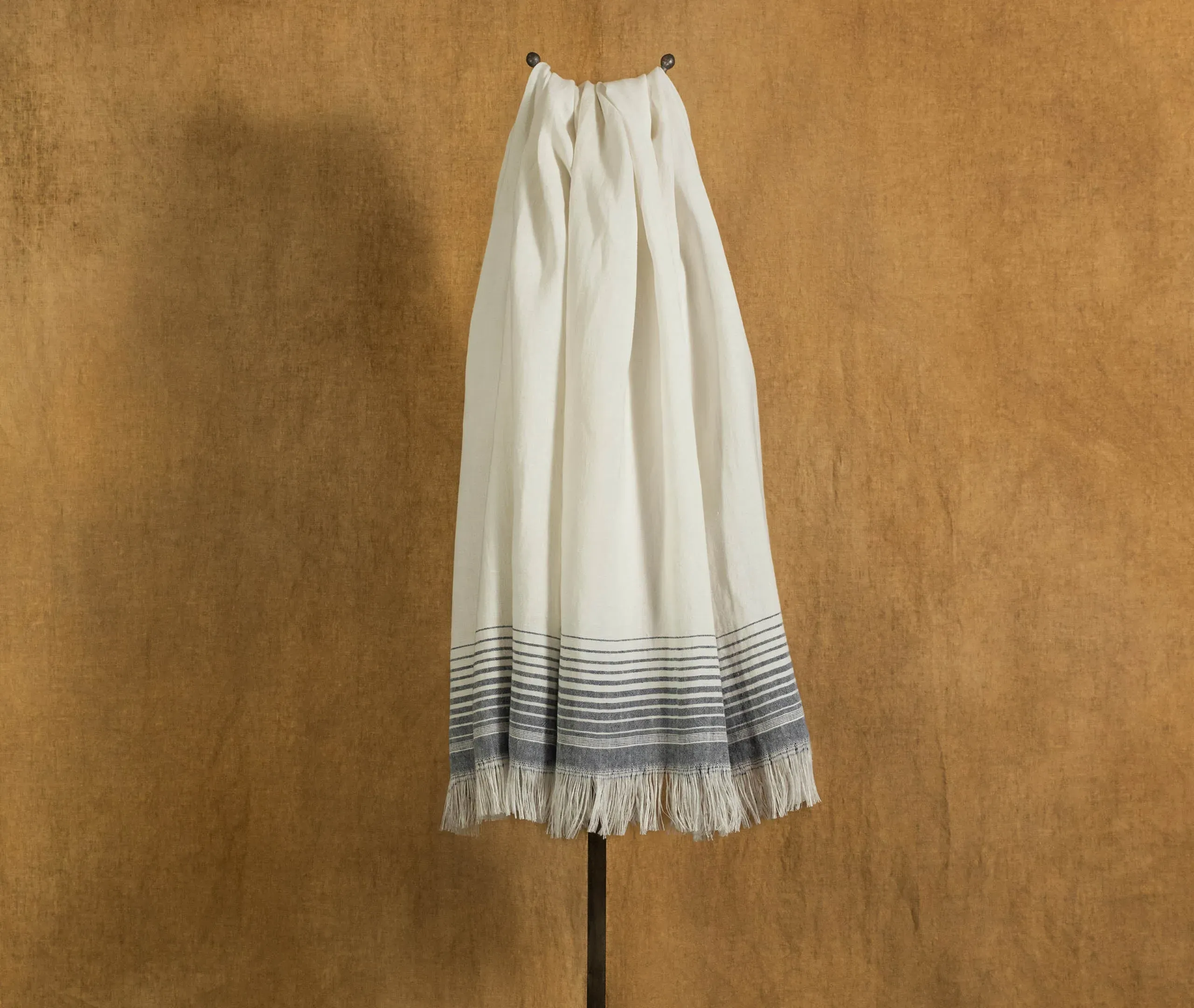 Bath Towel with Blue Stripes - White, Linen