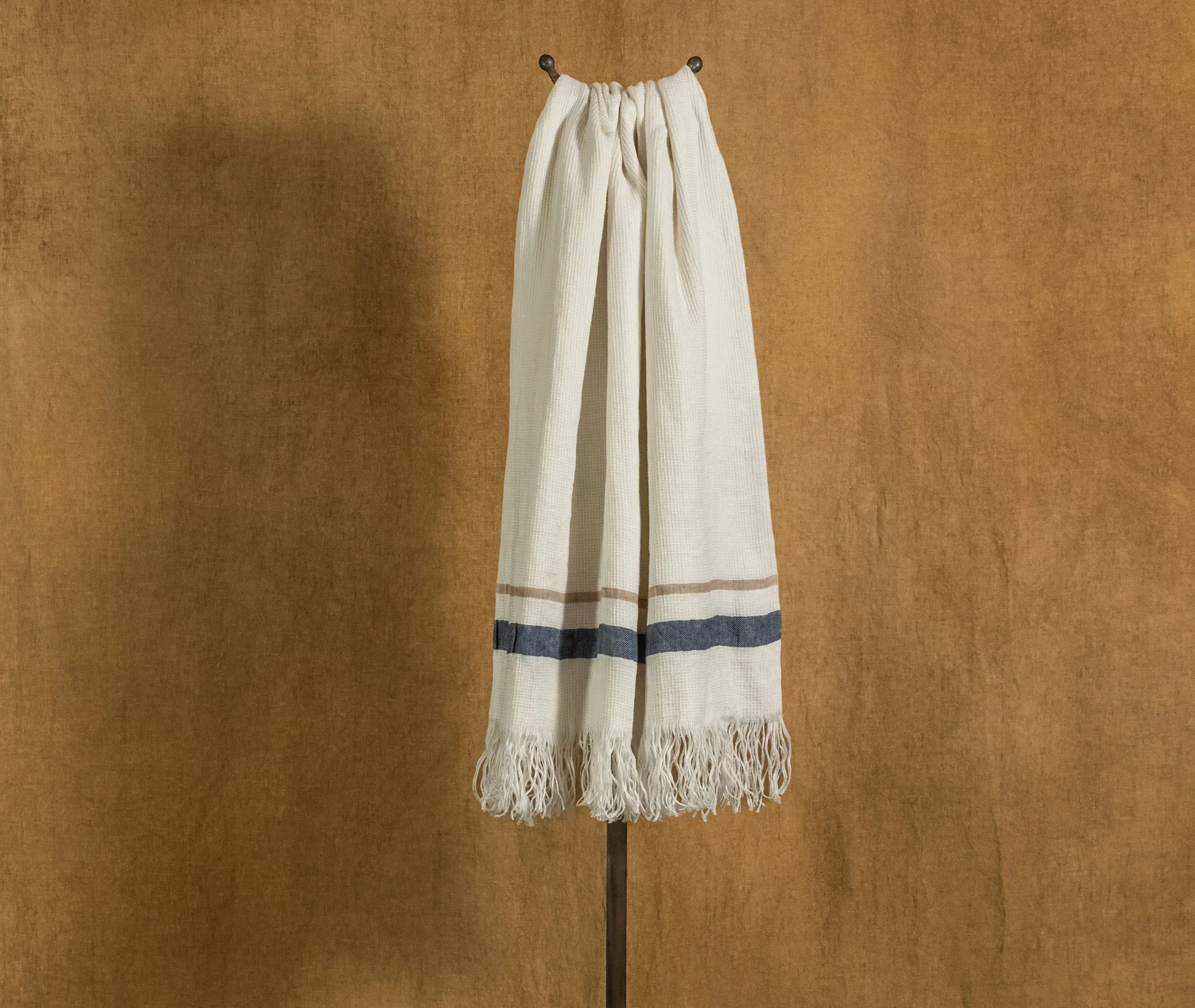 Bath Towel with Striped Edges - White, Linen