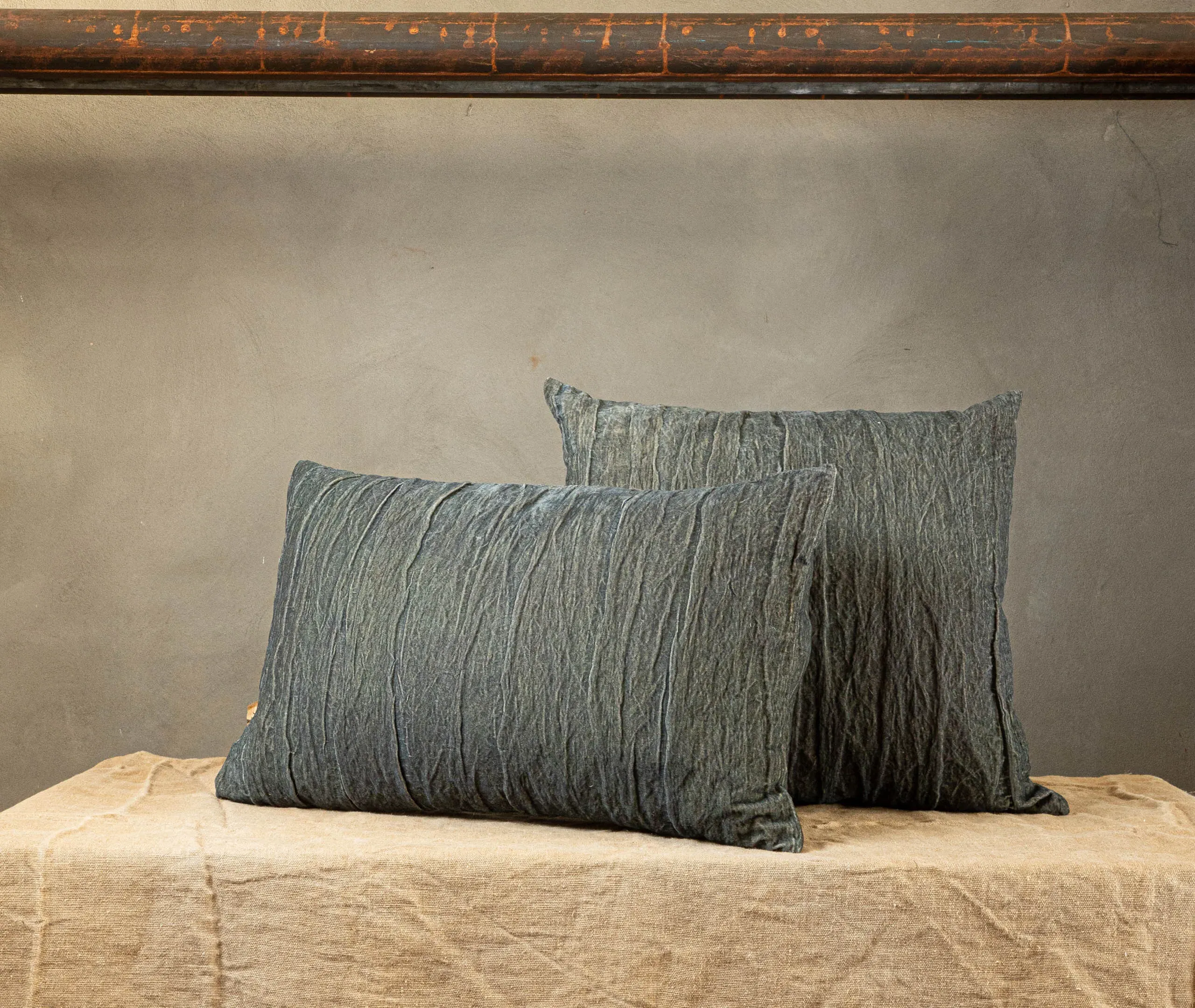 Square Cushion with Crinkled Texture - Blue, Velvet
