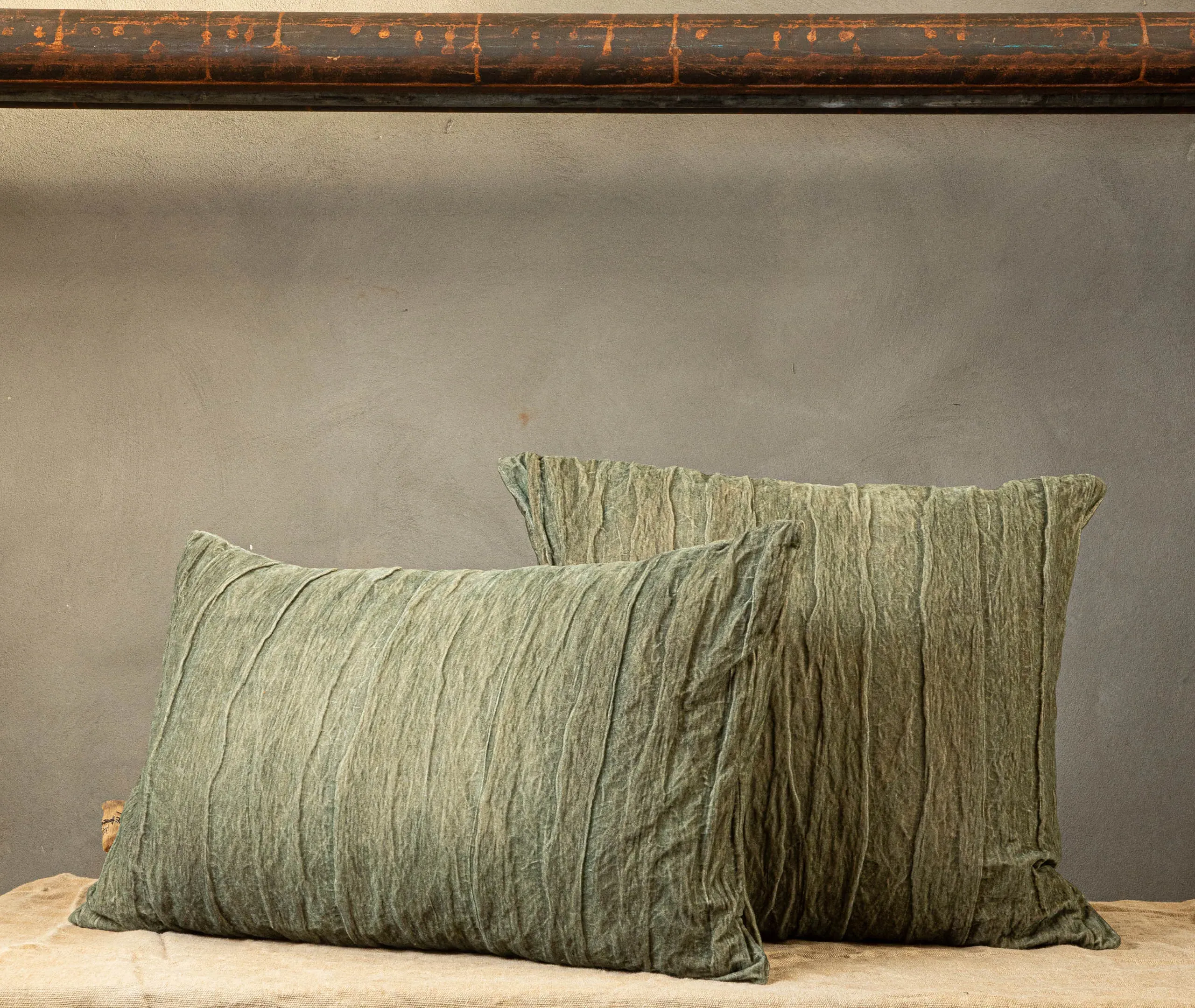 Square Cushion with Crinkled Texture - Green, Cotton
