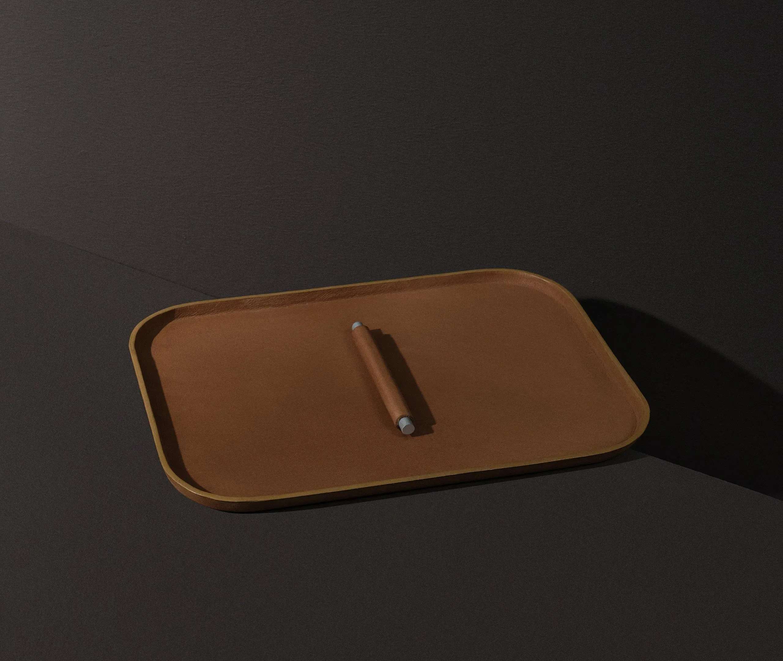 Plato Rectangle Serving Tray with Divider - Beige, Leather