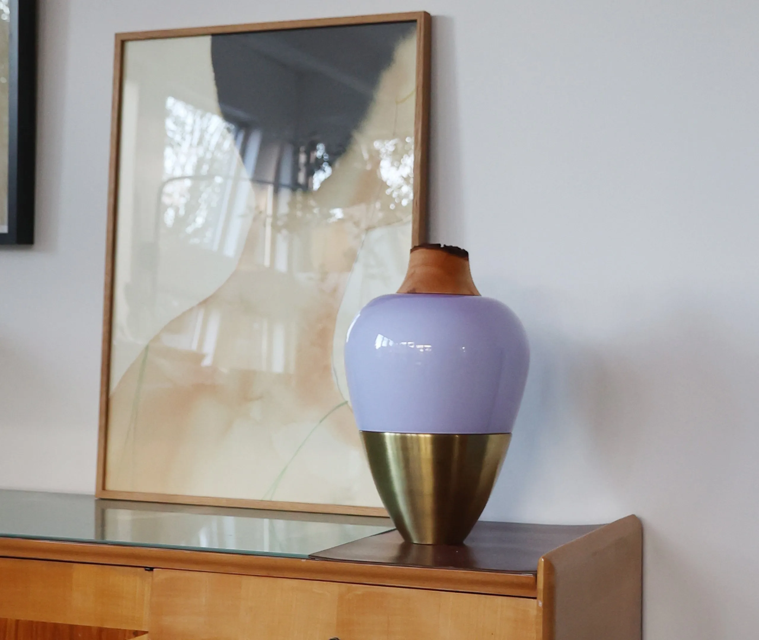Stacking Vessel with Wood Base - Lavender, Glass