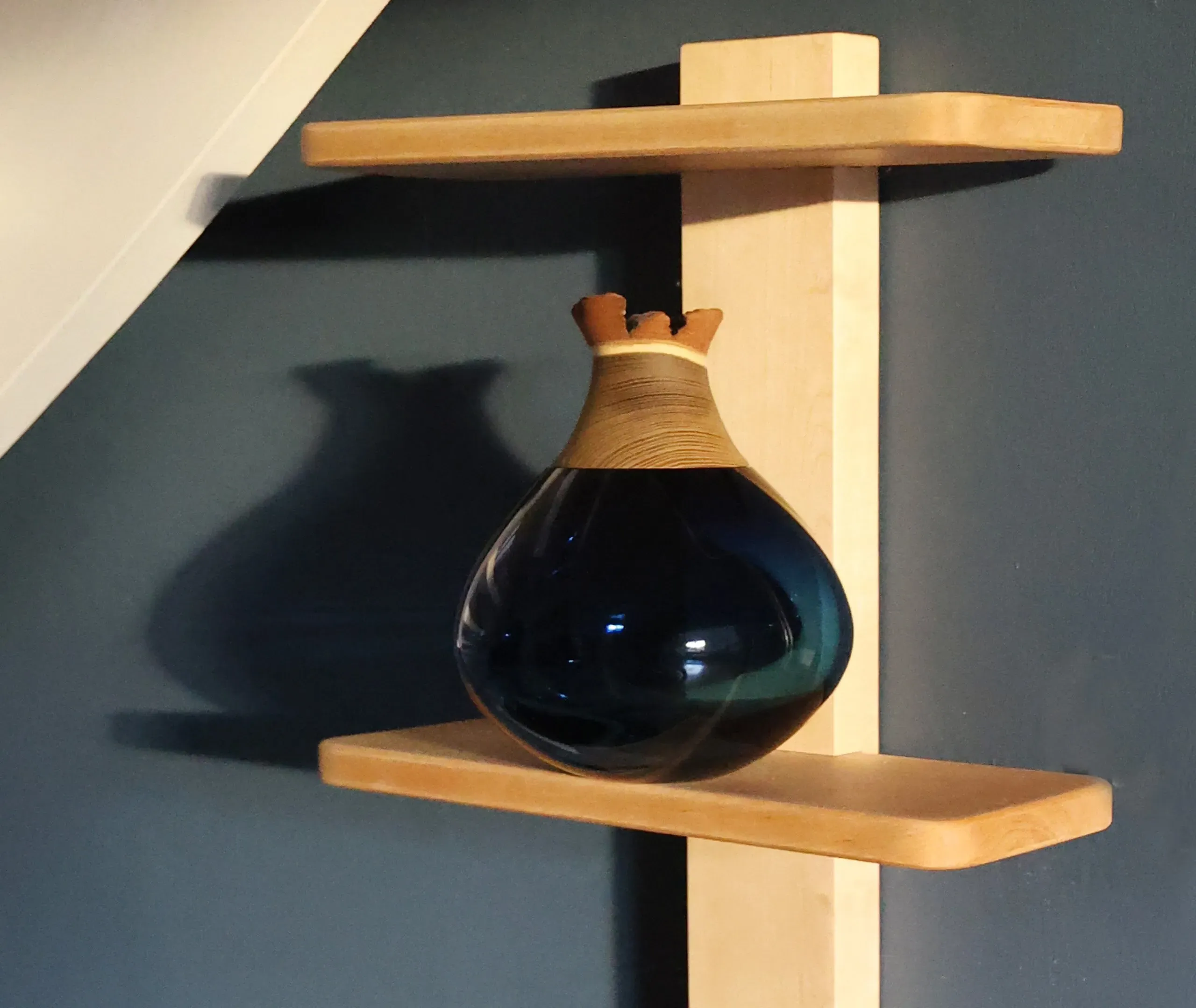 Stacking Vessel with Wood Tip - Blue, Glass