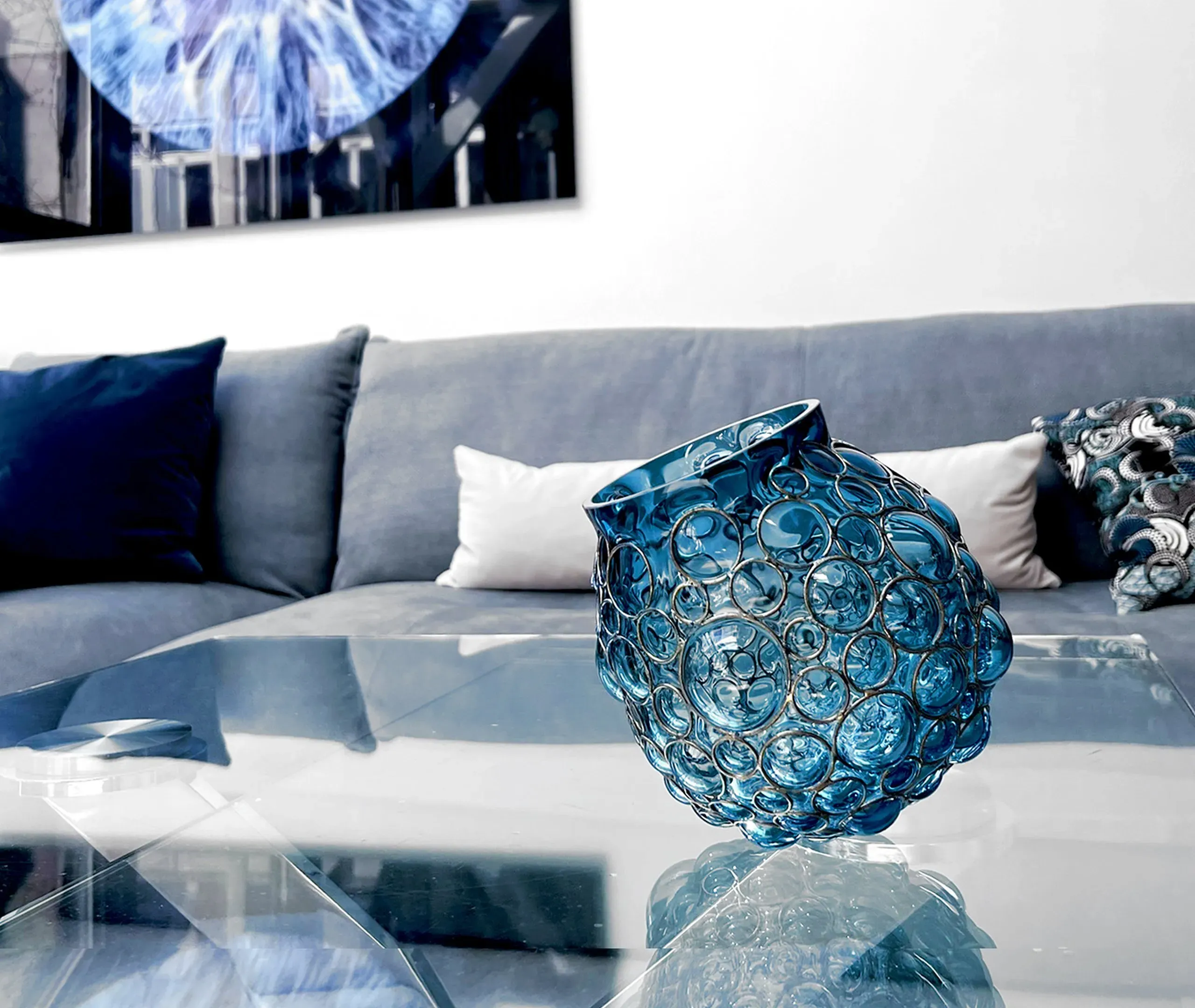 Champagne Ball Vase with Steel Frame - Duck Blue