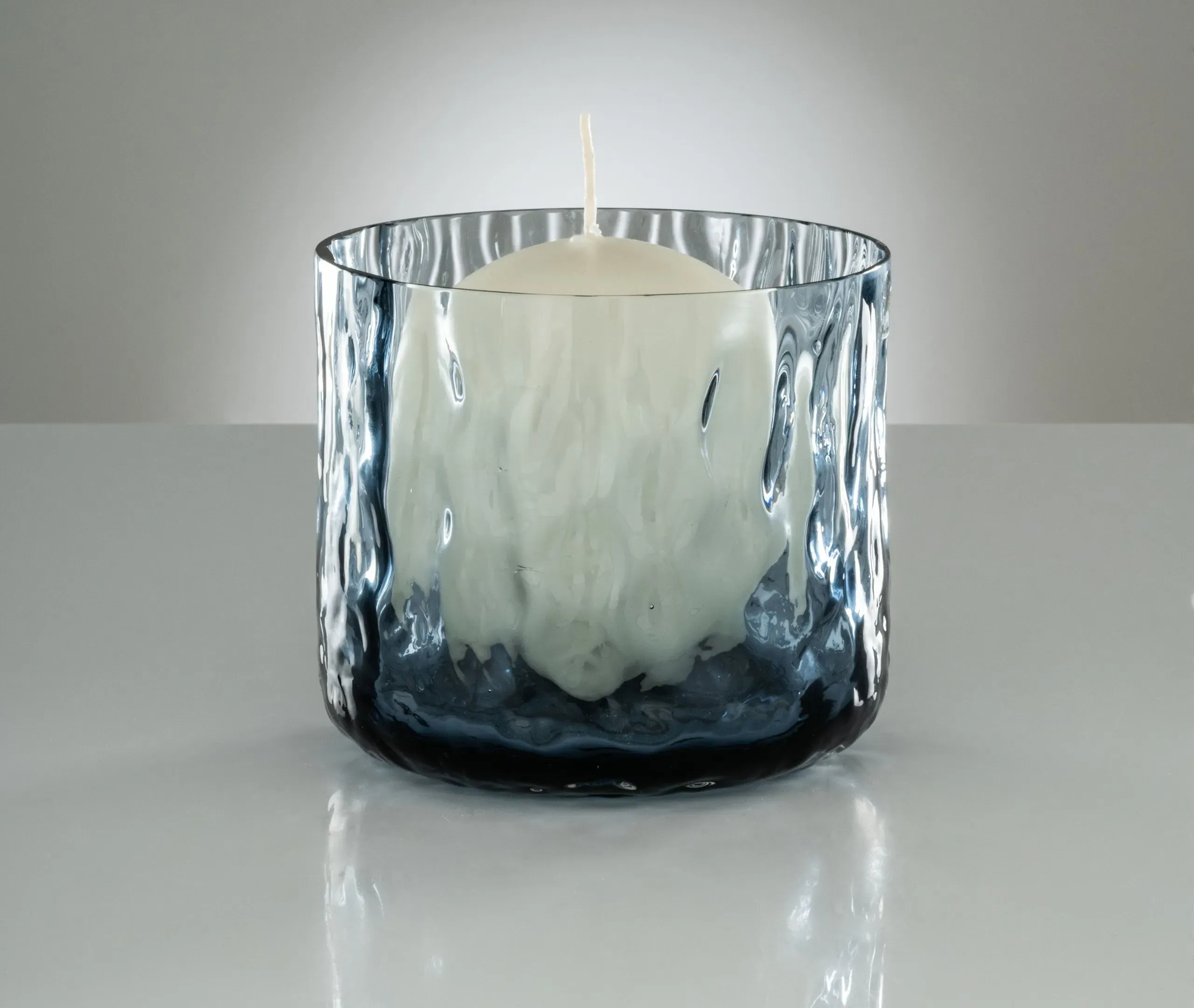 Handblown Glass Candle with Texture - Light Blue