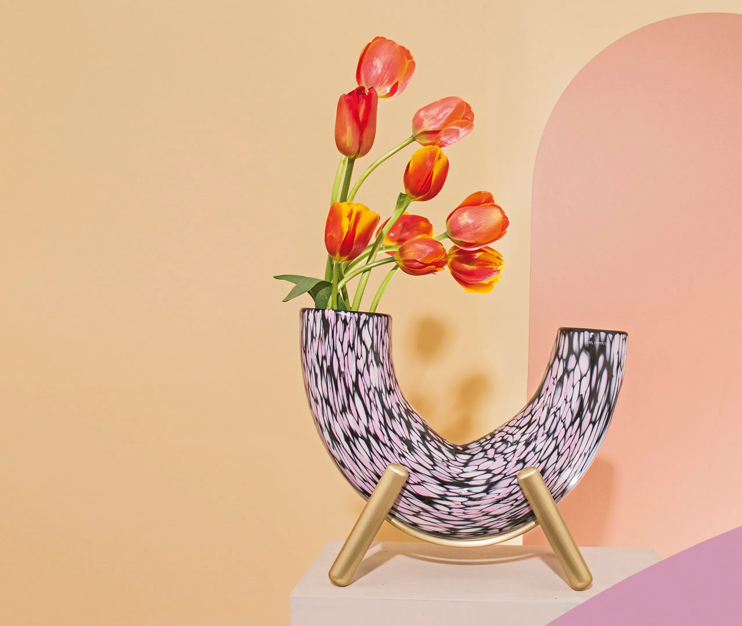Decorative Vase with Brass Stand - Multicolor Glass
