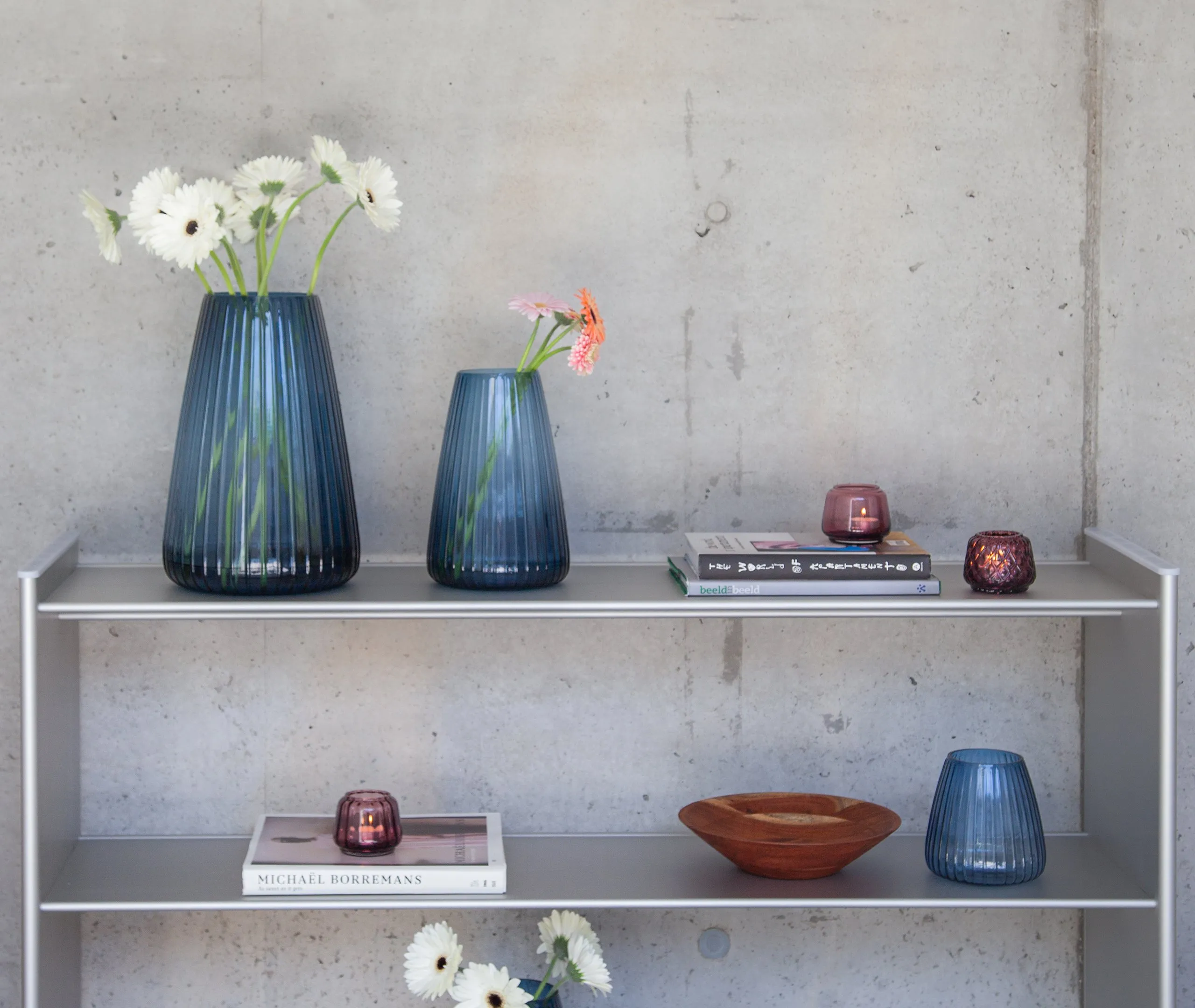 Large Ribbed Vase - Blue, Glass