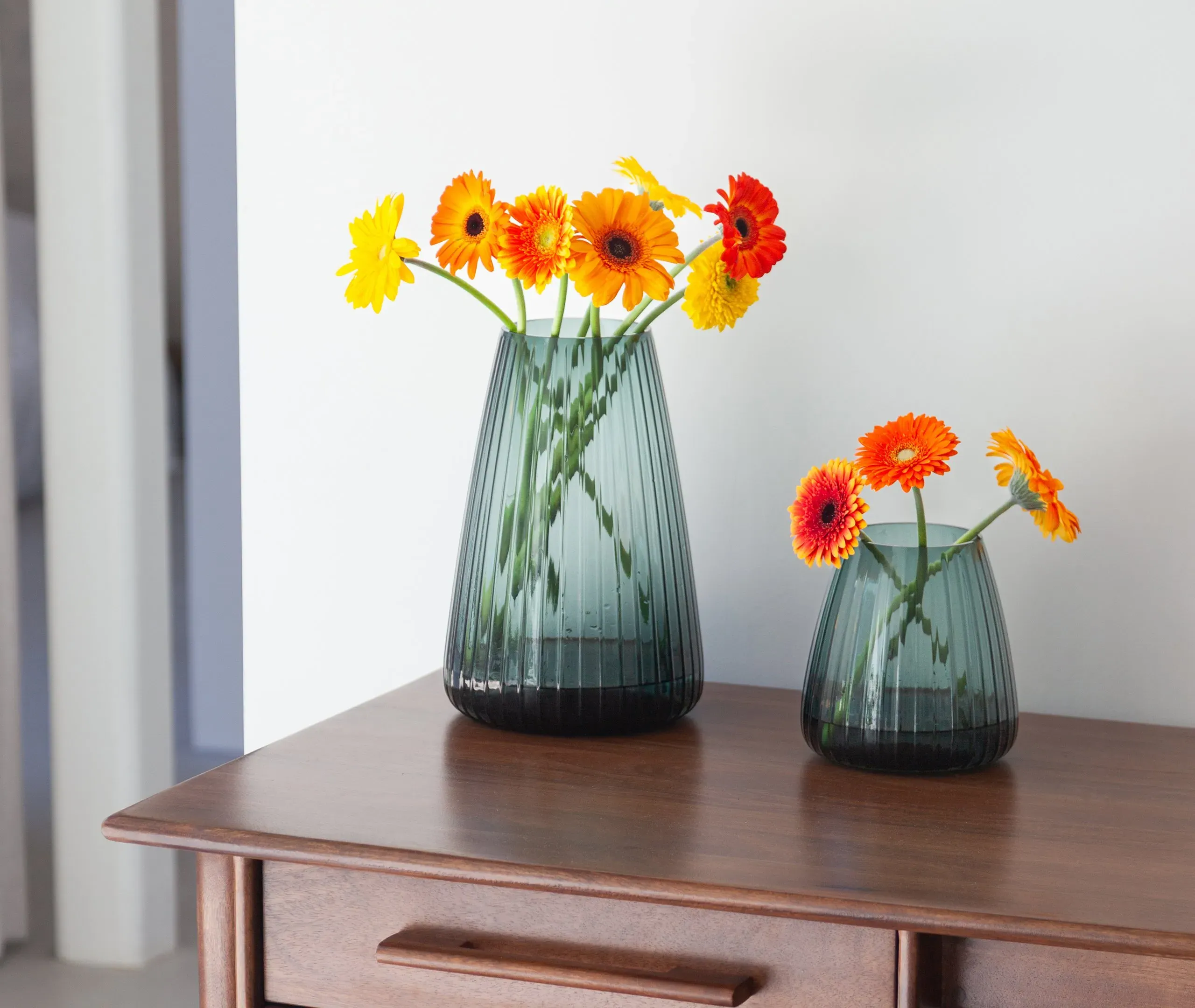 Large Ribbed Vase - Green, Glass