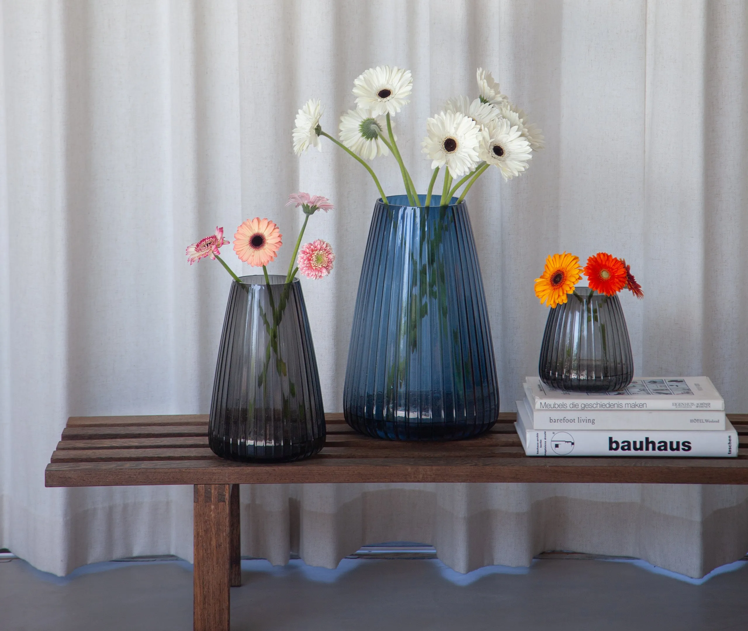Large Ribbed Vase - Grey, Glass