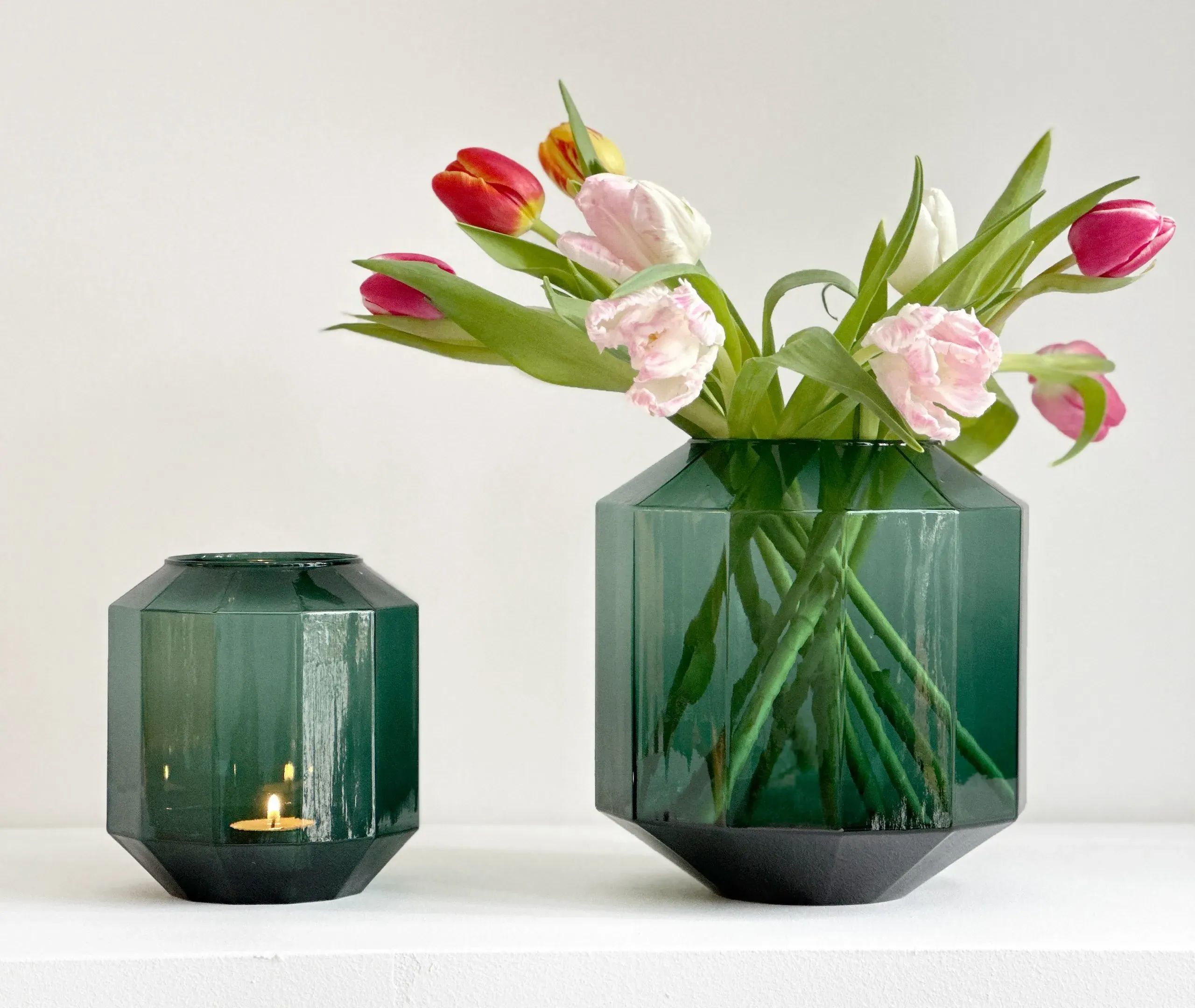 Medium Vase with 12-Sided Design - Green, Glass