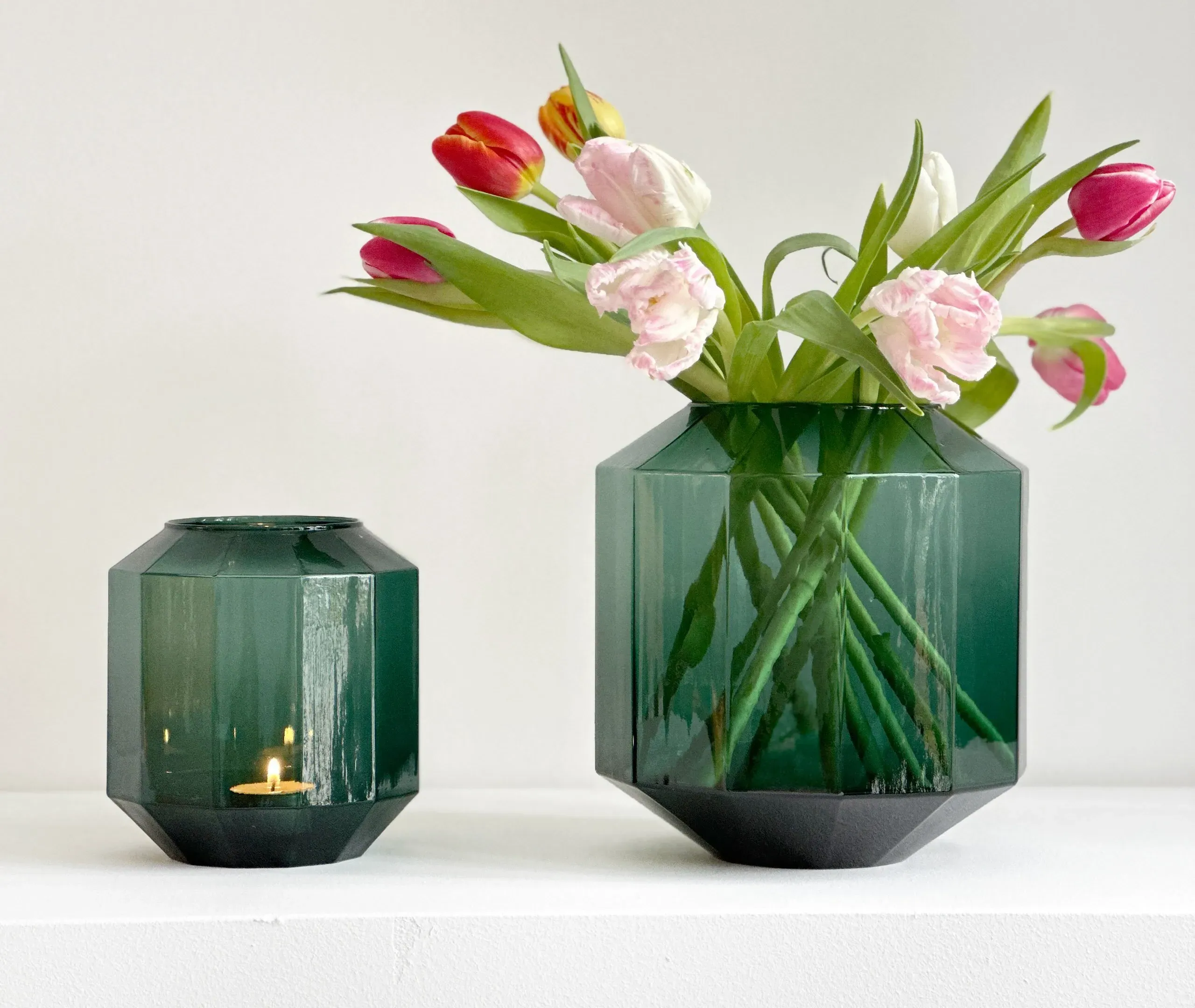 Small Vase with 12-Sided Design - Green, Glass