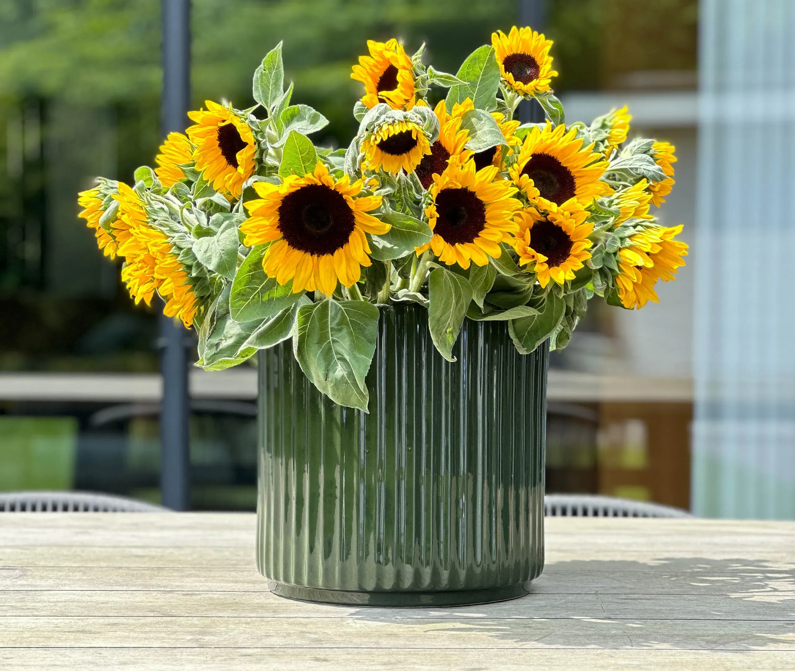 Tall Plant Pot with Linear Creases - Green
