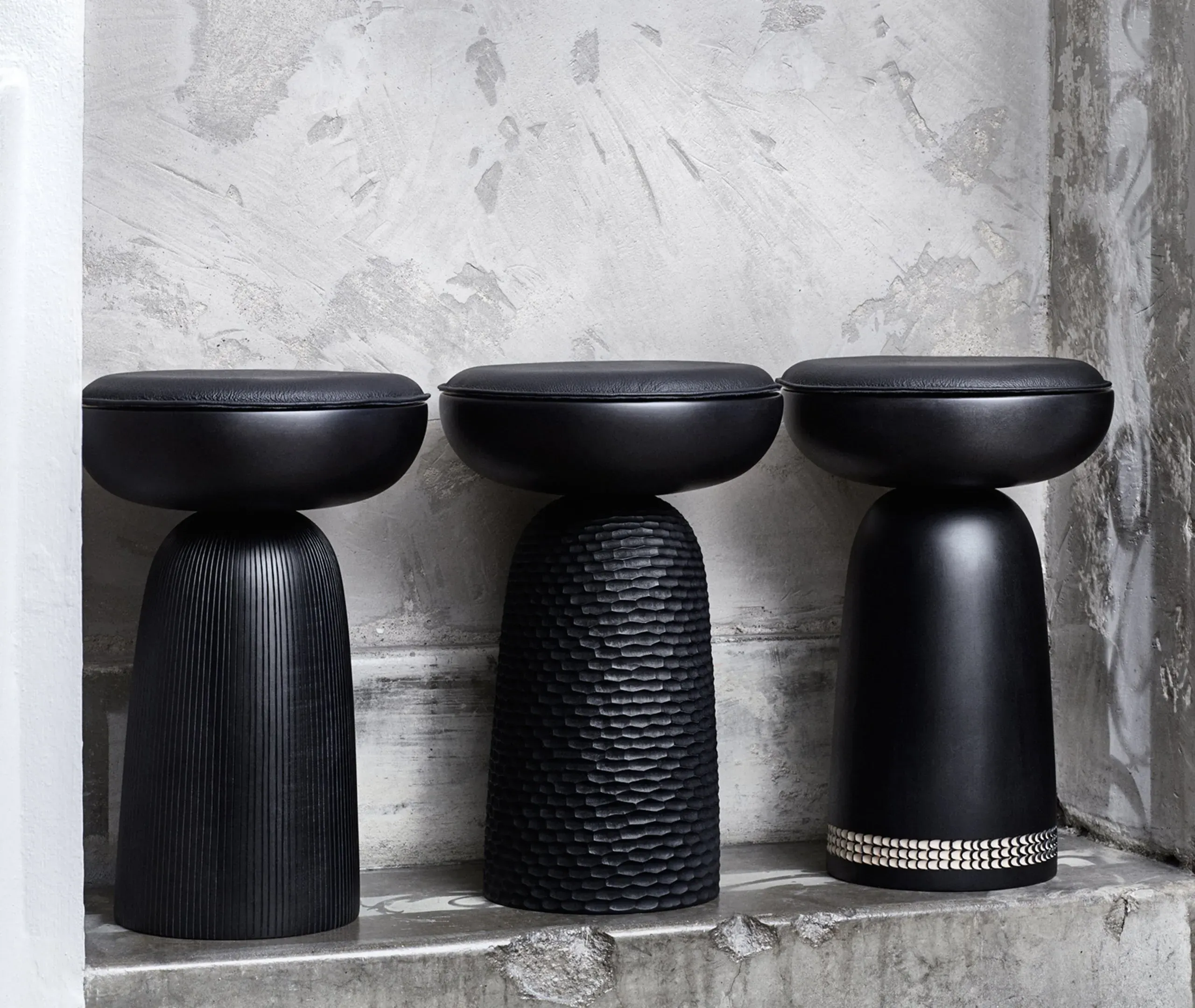 Carved Base Stool - Black Stain, Maple