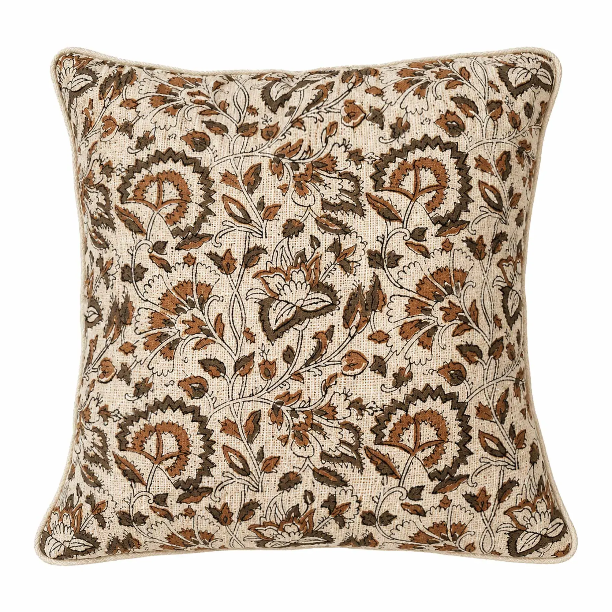 Autumn Garden Handblock Cushion - Brown, Linen product