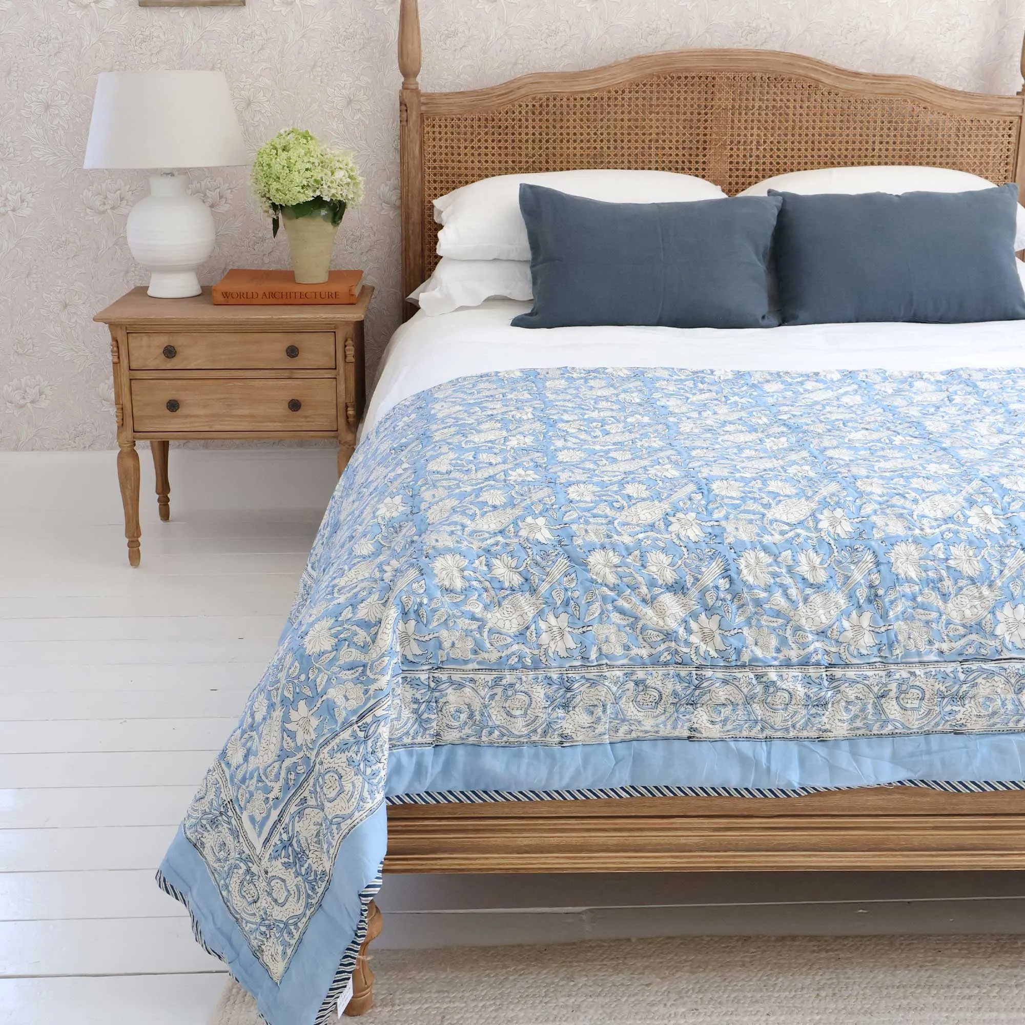 Birds & Blossom Large Quilted Bedspread - Blue, Cotton product