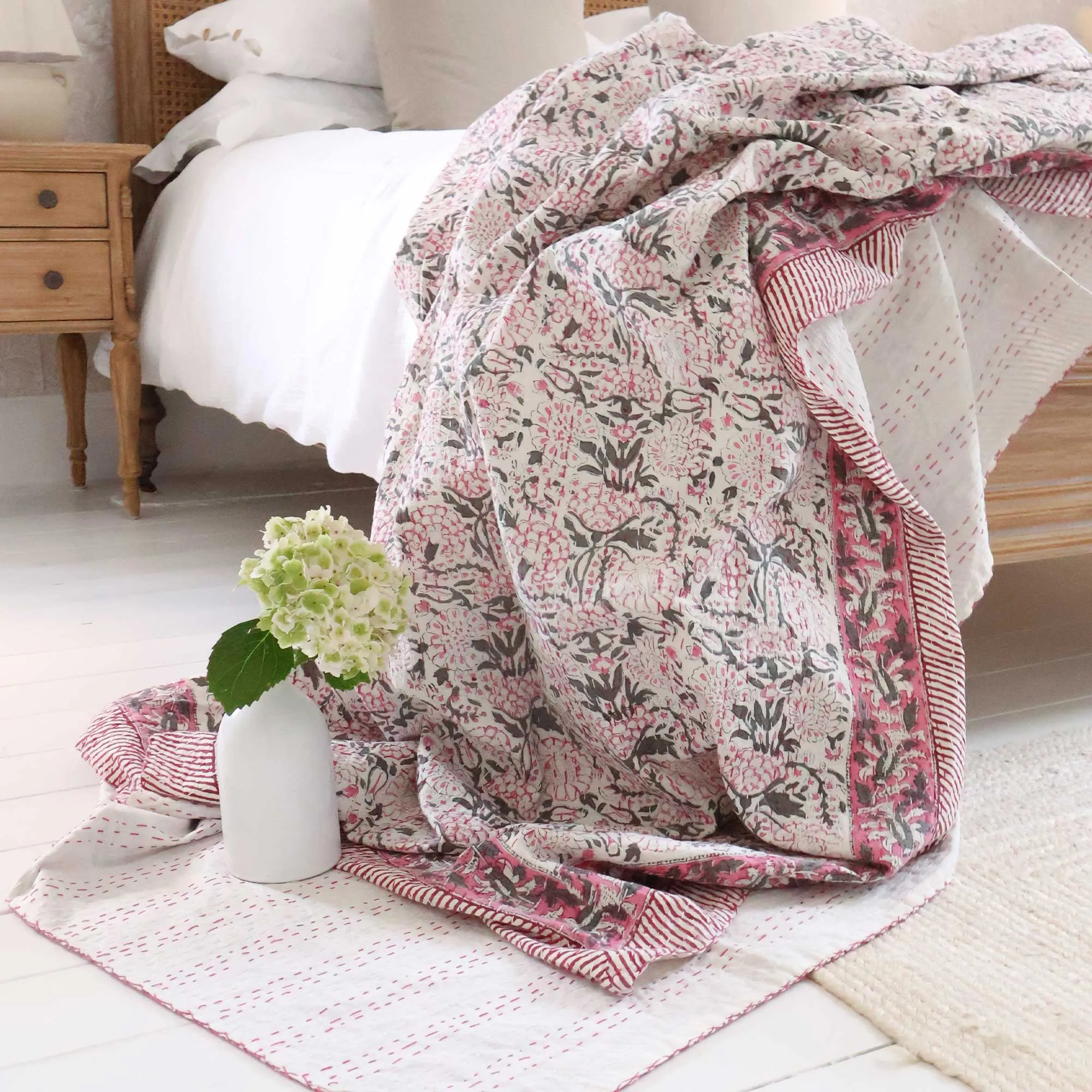 Blossom & Vine Large Kantha Bedspread - Pink, Cotton product