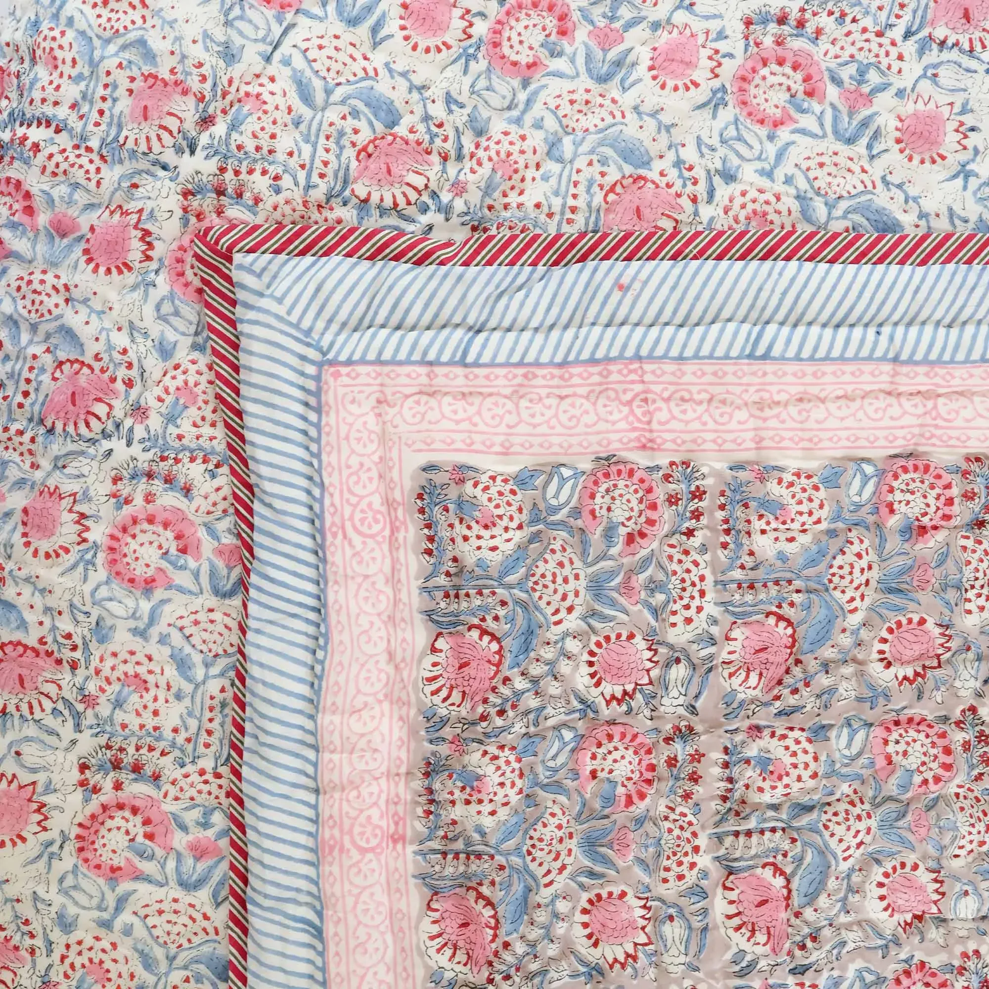Botanical Handblock Large Quilted Bedspread - Ivory, Cotton product