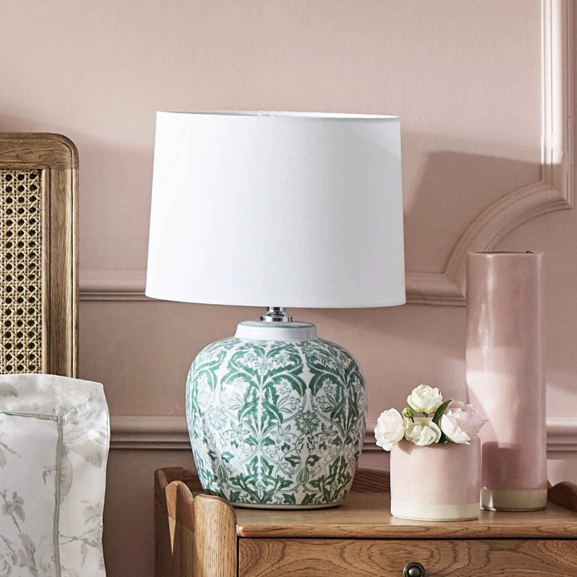 Botanical Olive Ceramic Table Lamp - Green, White by French Bedroom