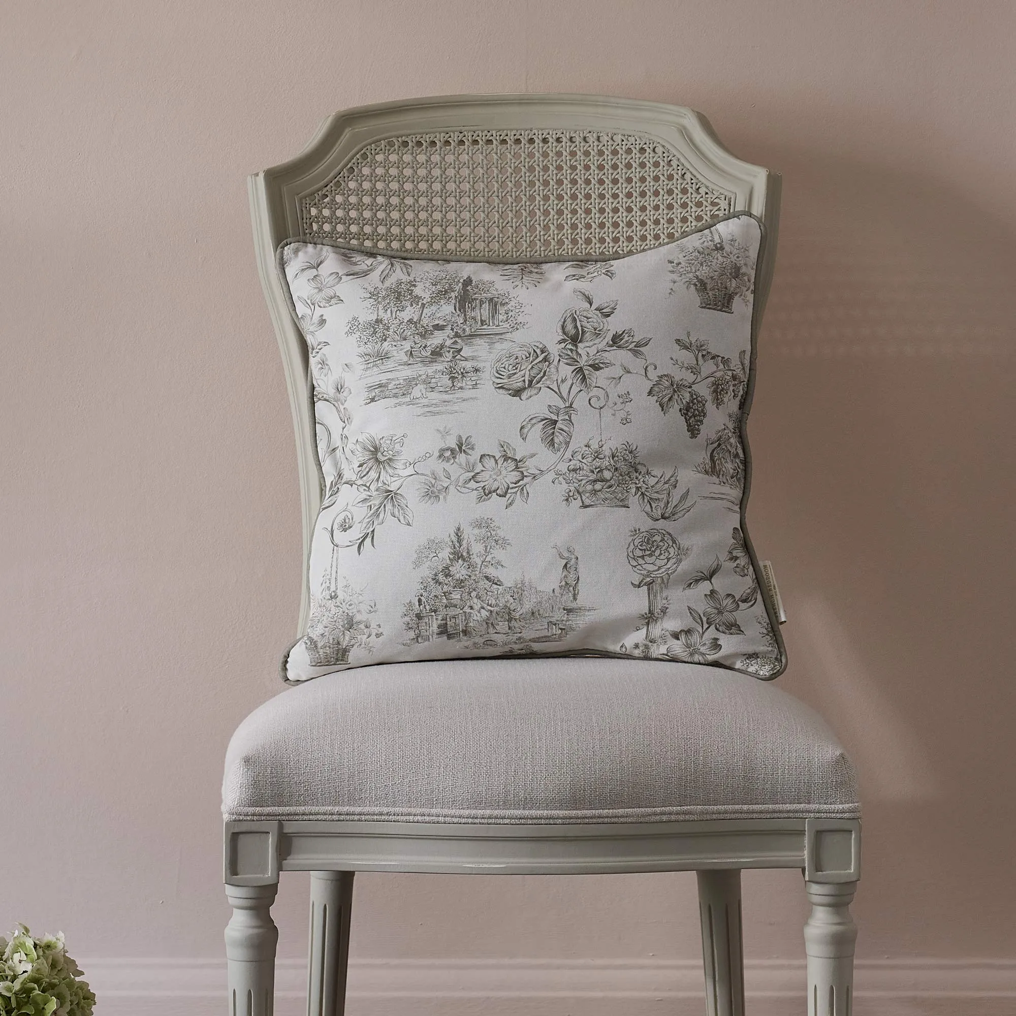 French Toile Square Cushion with Piped Edge - Stone, Cotton product