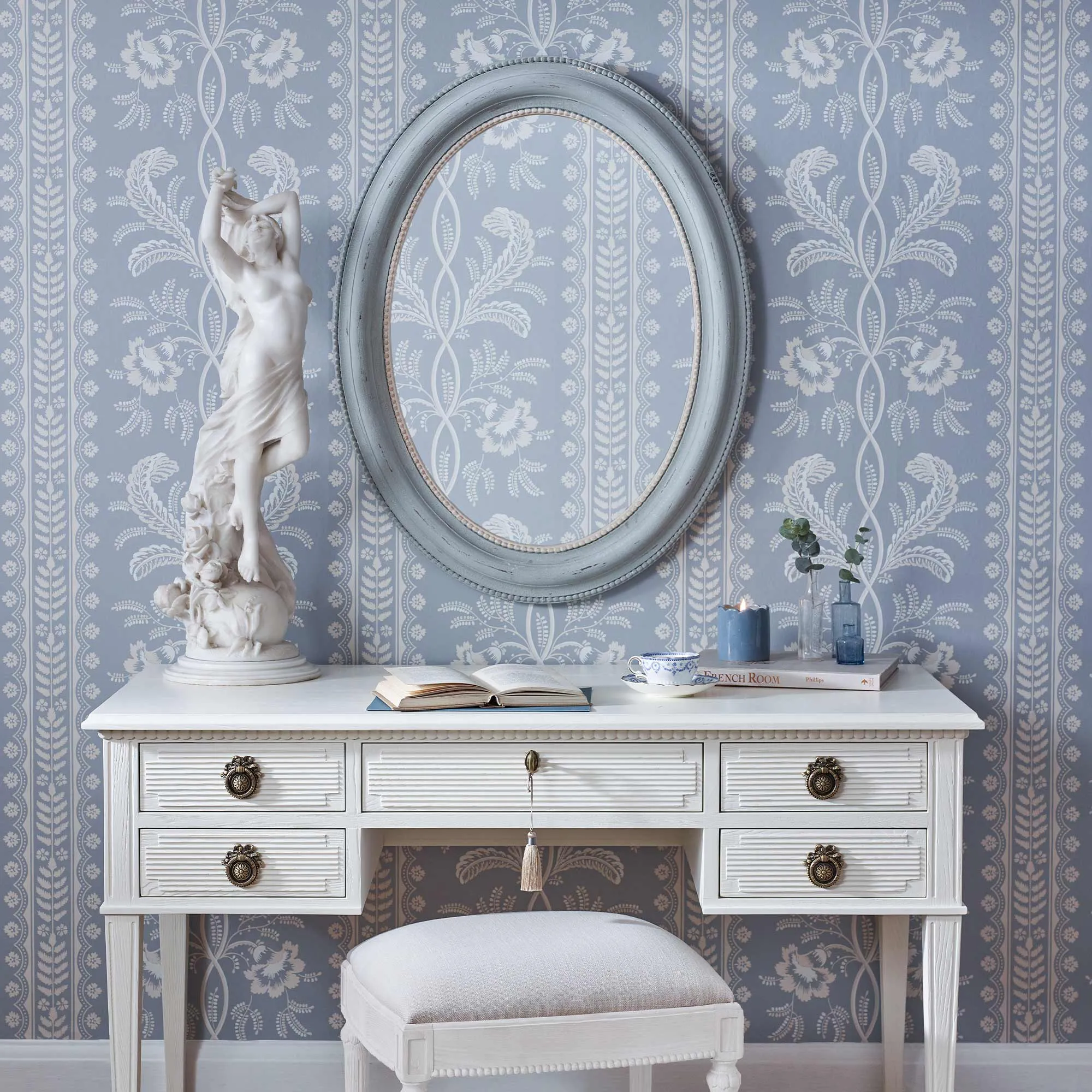 Frenchie Oval Wall Mirror - Blue Grey, Wood by French Bedroom