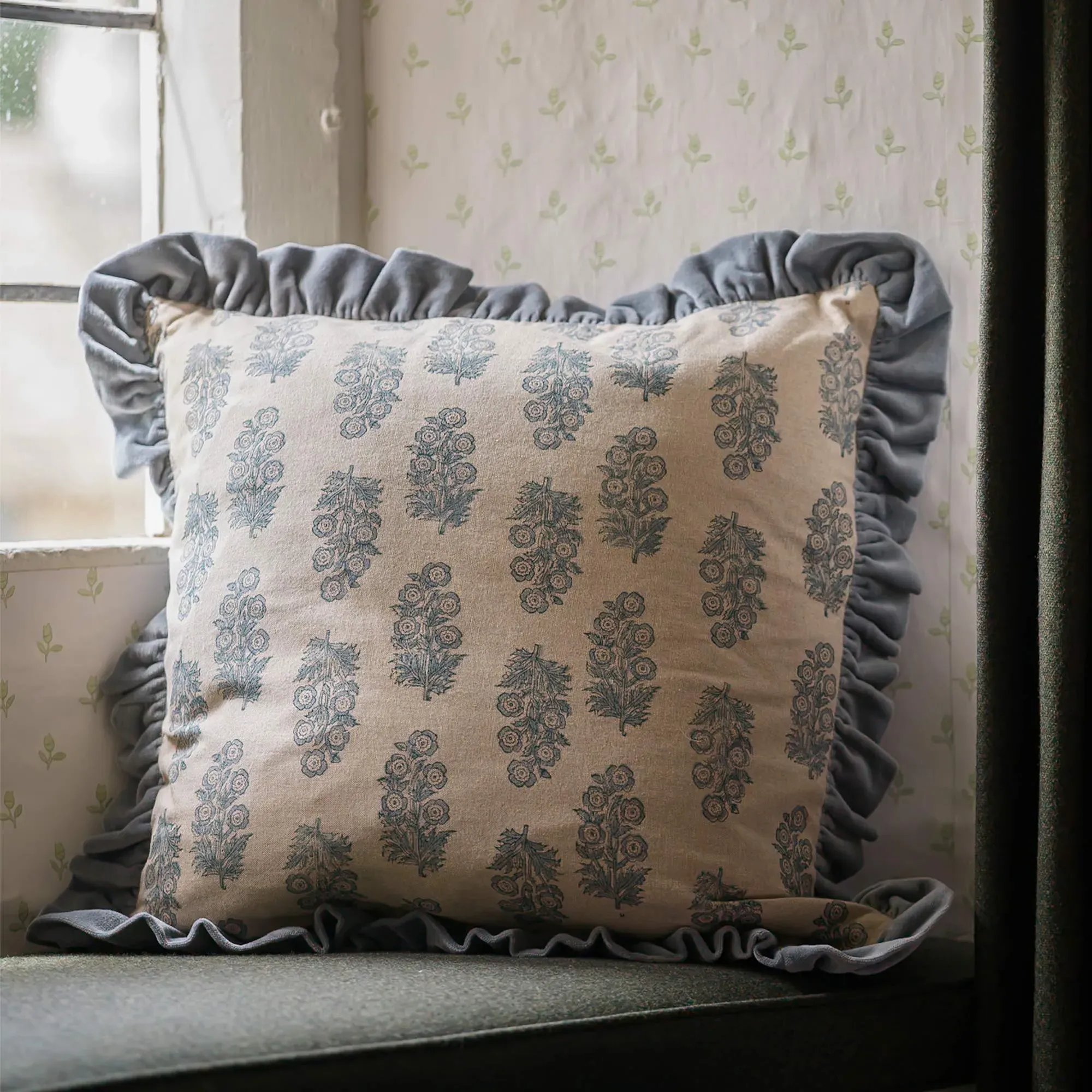 Harvest Handblock Ruffle Velvet Cushion - Blue, Linen product