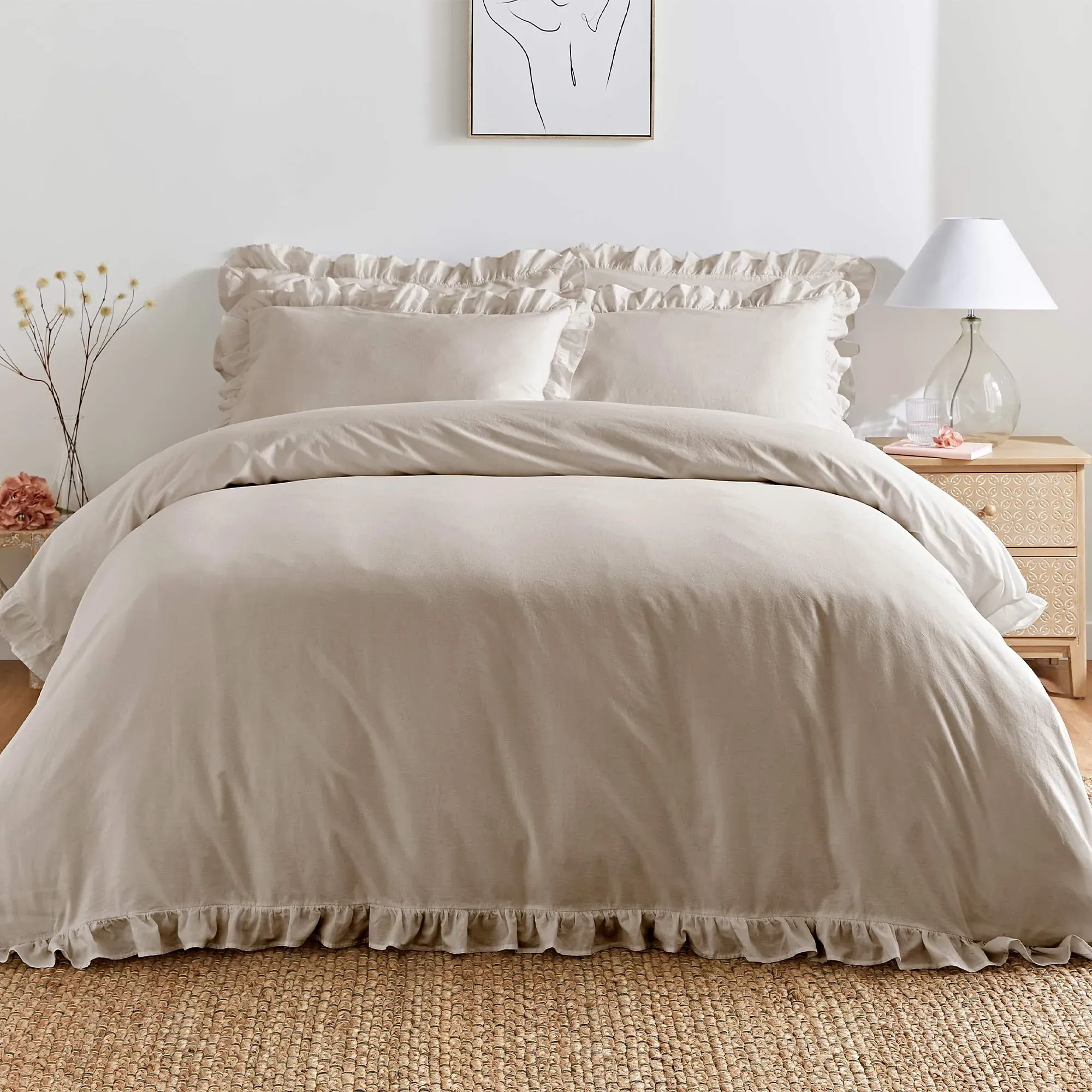 Romance Ruffle Double Bed Linen Set - Oatmeal, Cotton product