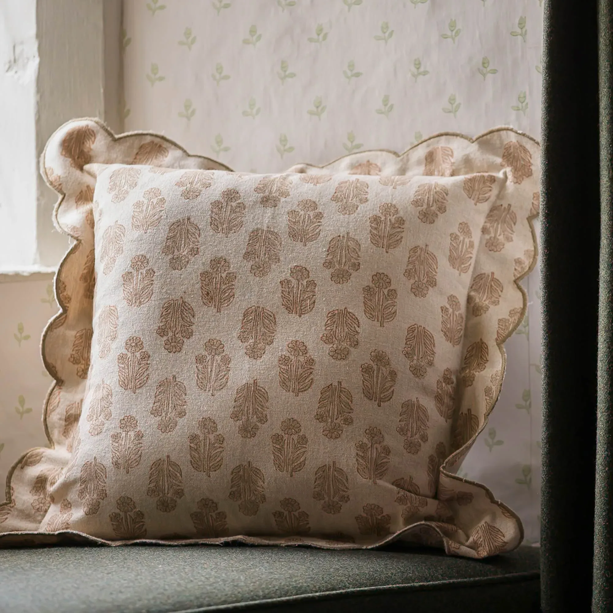 Scalloped Handblock Linen Cushion - Natural product