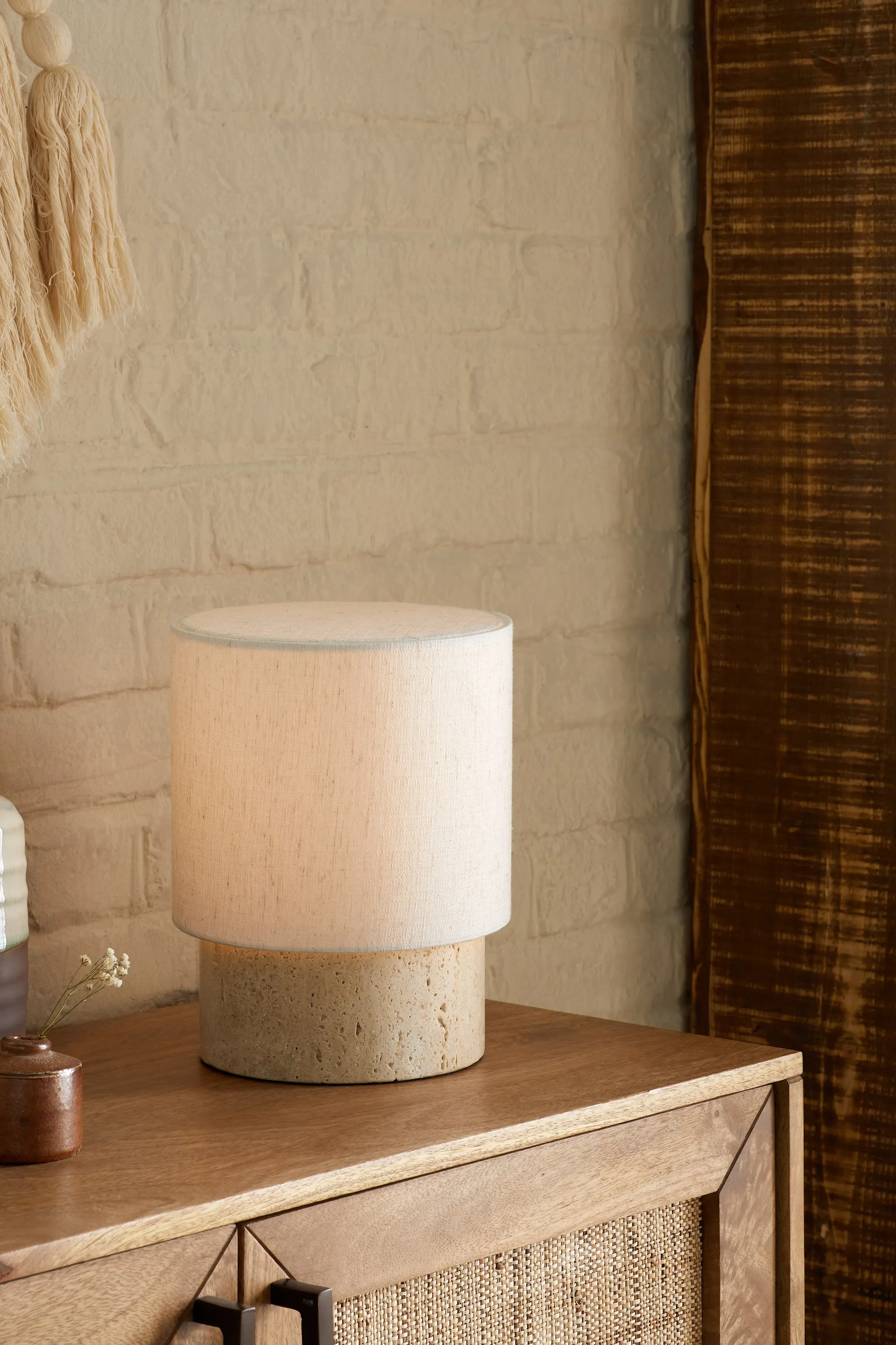 Travertine Cylinder Table Lamp - Brown image