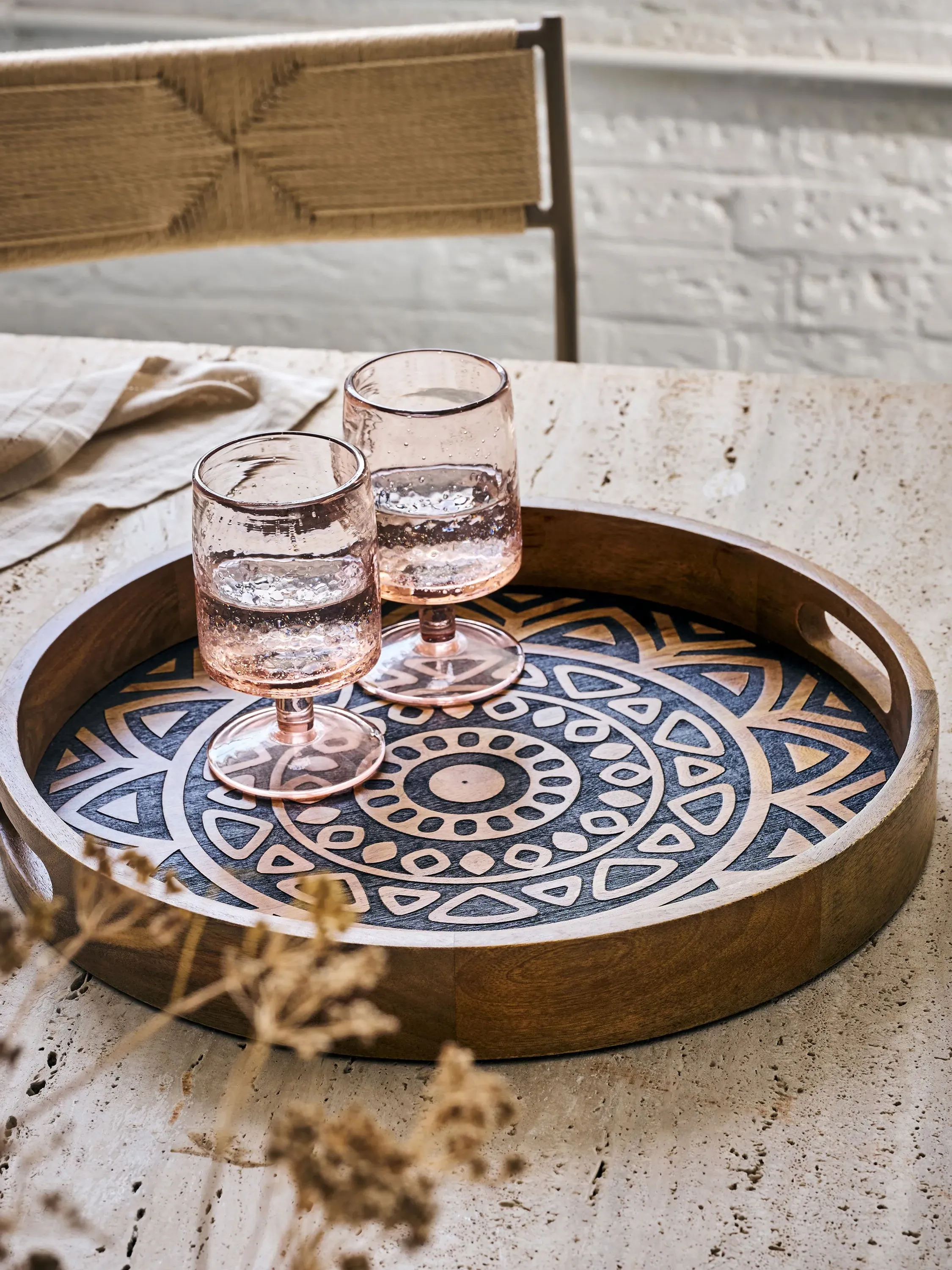 Watamu Round Tray with Handles - Brown, Wood image