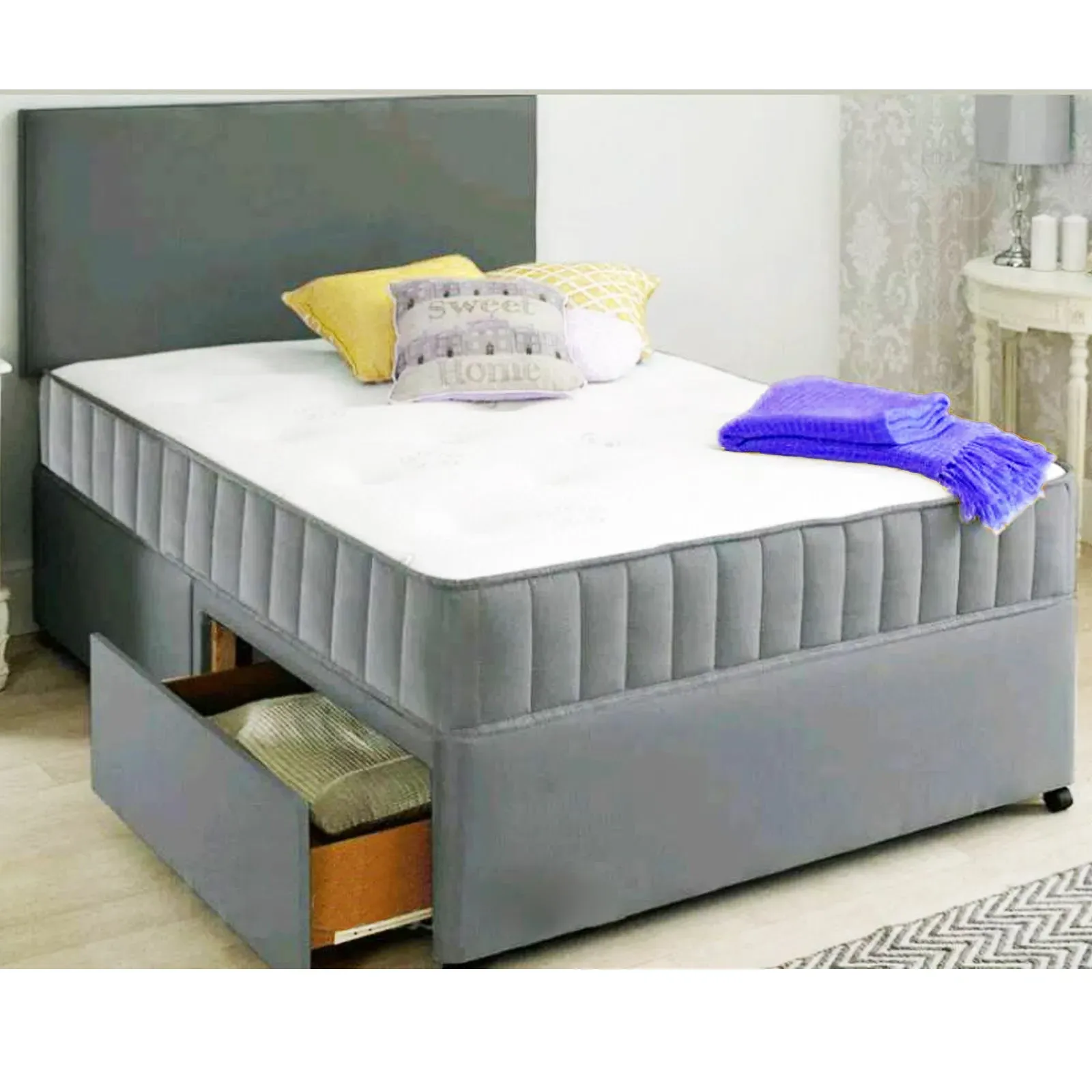 Divan Bed with Storage & Mattress - Grey, Fabric