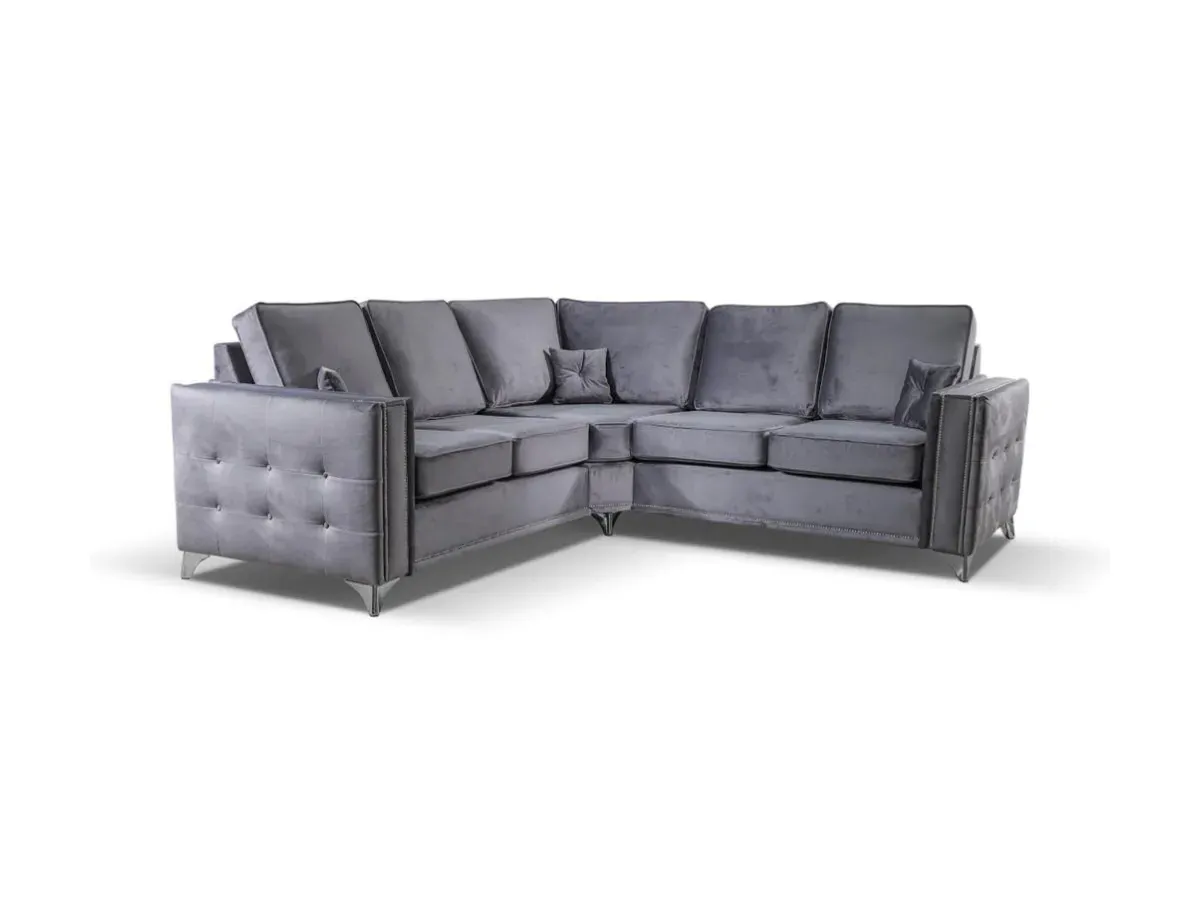 Double Corner Sofa with Buttons - Grey, Velvet