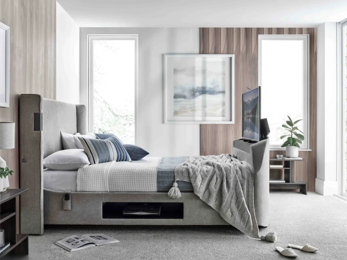 Super King TV Bed with Dolby Atmos - Grey, Fabric image