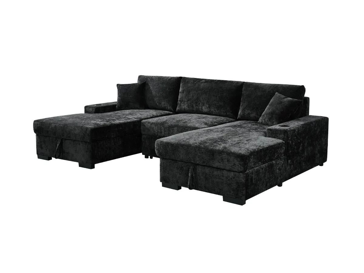U-Shaped Sofa Bed with Storage - Black, Chenille