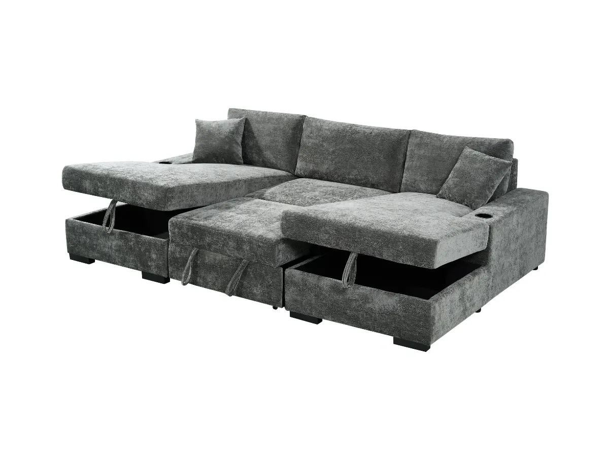 U-Shaped Sofa Bed with Storage - Grey, Chenille