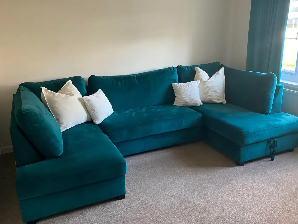 U-Shaped Sofa Bed with Storage - Teal, Velvet