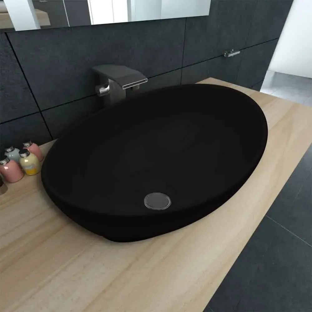 Abbotsford Oval Countertop Basin Without Waste 400mm - Black, Ceramic product