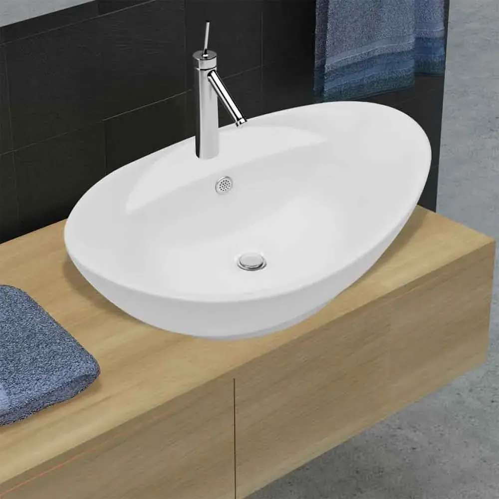 Aberdeen Oval Countertop Basin Without Waste 1TH - White, Ceramic product