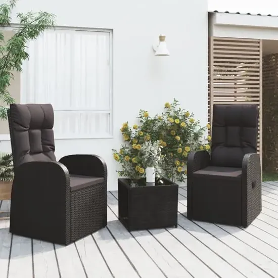 Abia Steel 3 Piece Garden Lounge Set with Reclining - Black, Poly Rattan