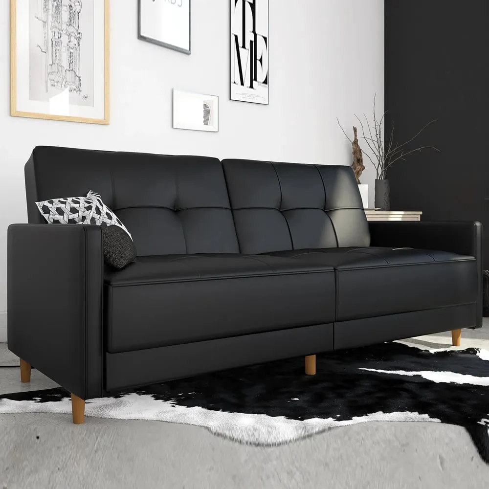 Abilene Faux Leather Sofa Bed with Oak Legs - Black image